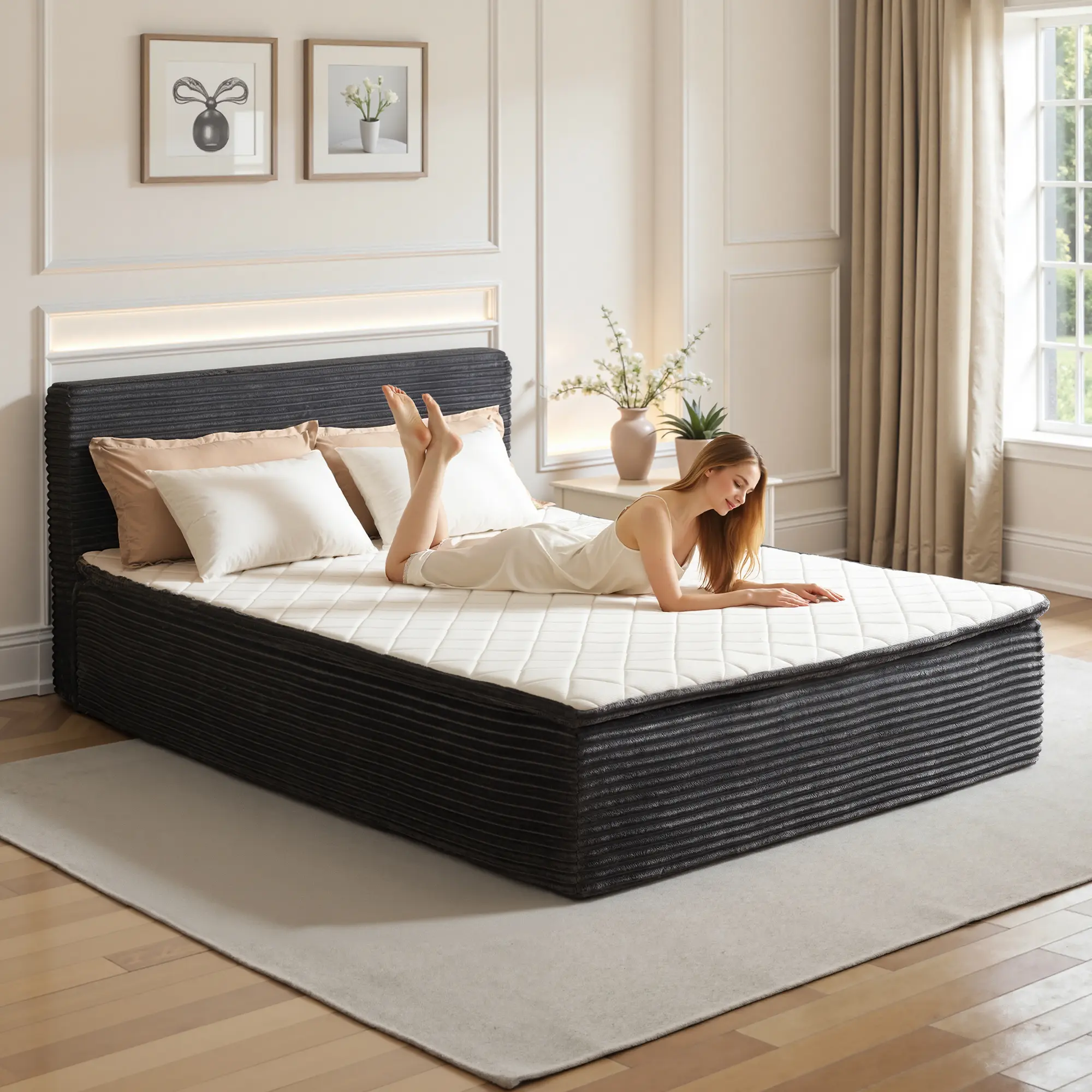 Queen Size Memory Foam Mattress with Removable Headboard, 17" Sofa Bed Full Mattress, Individually Pocketed Springs, Pressure Relief, Motion Isolation, Provides Support, CertiPUR-US Certified - No Assembly Required