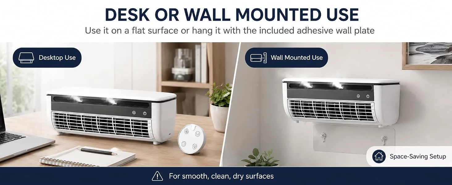 No-Drill Wall Mounted Mist Fan, Rechargeable Portable Air Cooler Fan with Semiconductor Cooling Plate, 6000mAh USB-C Desk Fan with Round Remote, 3 Speeds for Bedroom, Kitchen, Office (White)