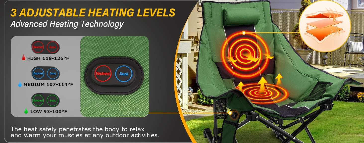 Heated camping chair with rocking design