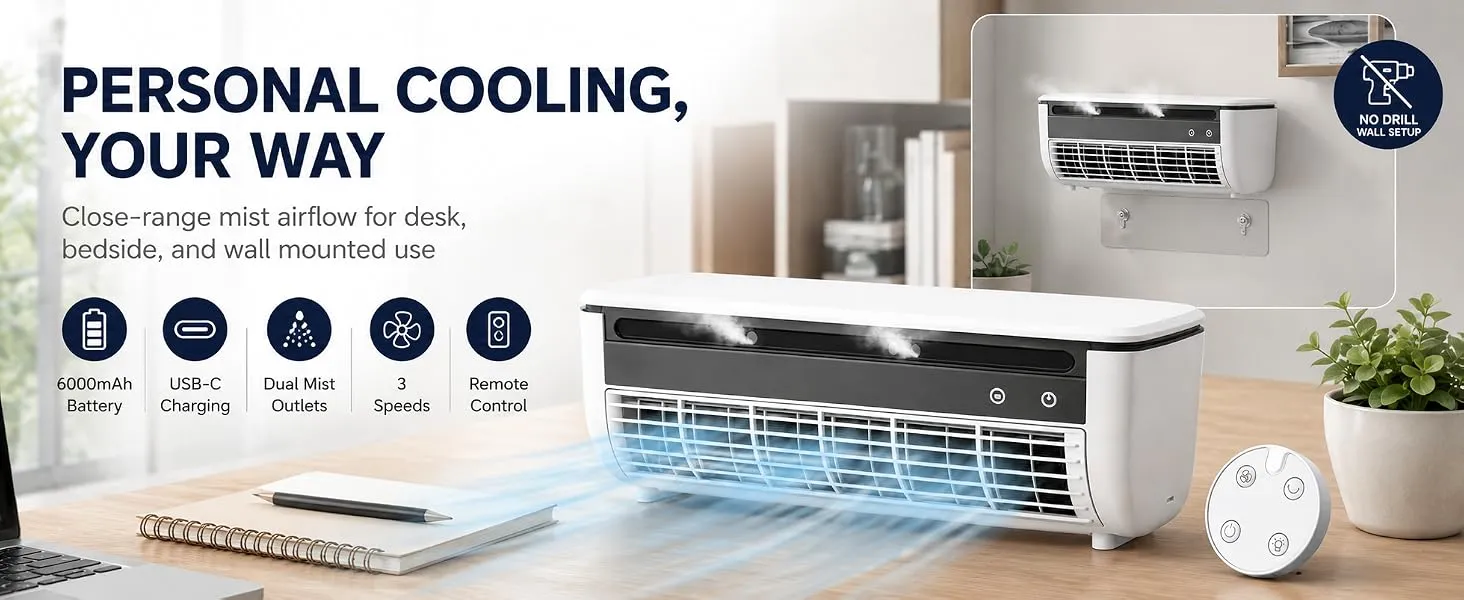 No-Drill Wall Mounted Mist Fan, Rechargeable Portable Air Cooler Fan with Semiconductor Cooling Plate, 6000mAh USB-C Desk Fan with Round Remote, 3 Speeds for Bedroom, Kitchen, Office (White)