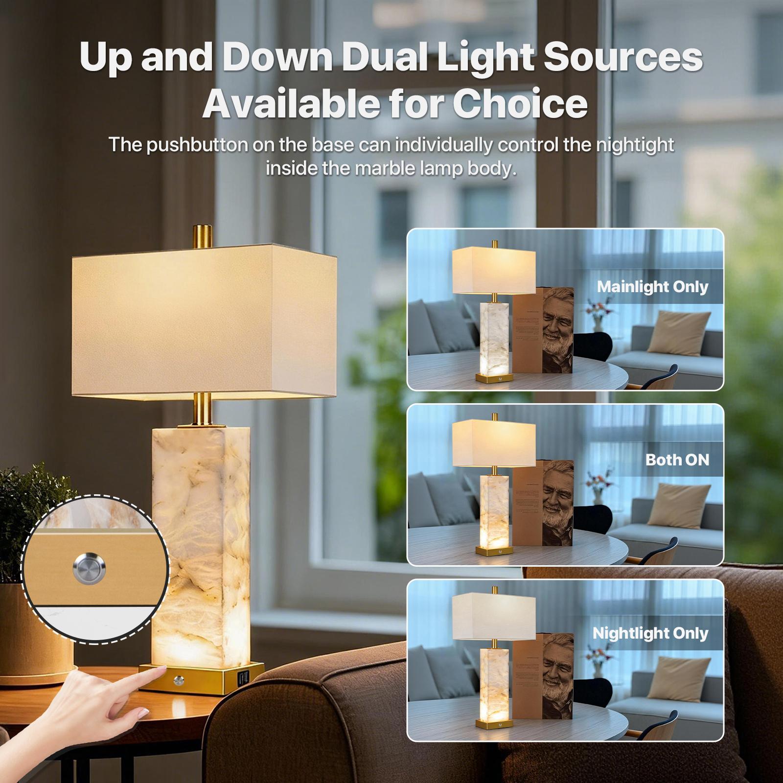DEMILARE 2-Piece Natural Marble Alabaster LED Table Lamp Sets - 3-Color Temperature, Nightlight Mode, Fastcharging USB Ports, AC Power Supply, Adjustable Modern Artistic Novelty Led Light for Home Bedroom House Decor,BackToSchool
