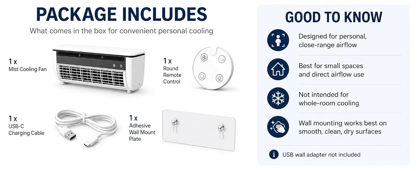 No-Drill Wall Mounted Mist Fan, Rechargeable Portable Air Cooler Fan with Semiconductor Cooling Plate, 6000mAh USB-C Desk Fan with Round Remote, 3 Speeds for Bedroom, Kitchen, Office (White)