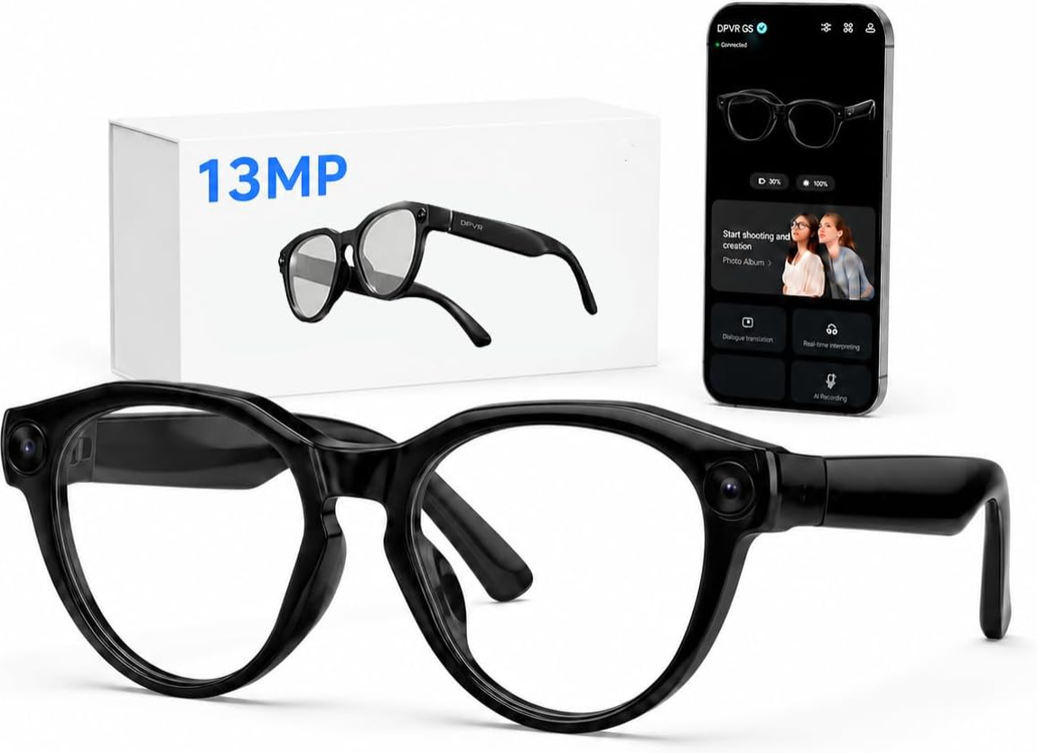 AI Smart Glasses with Camera and Bluetooth –  Camera Glasses for Men & Women, Video Recording Glasses with Continuous Voice Assistant, AI Translation, IP54, for Travel, Work, Music, Vlog
