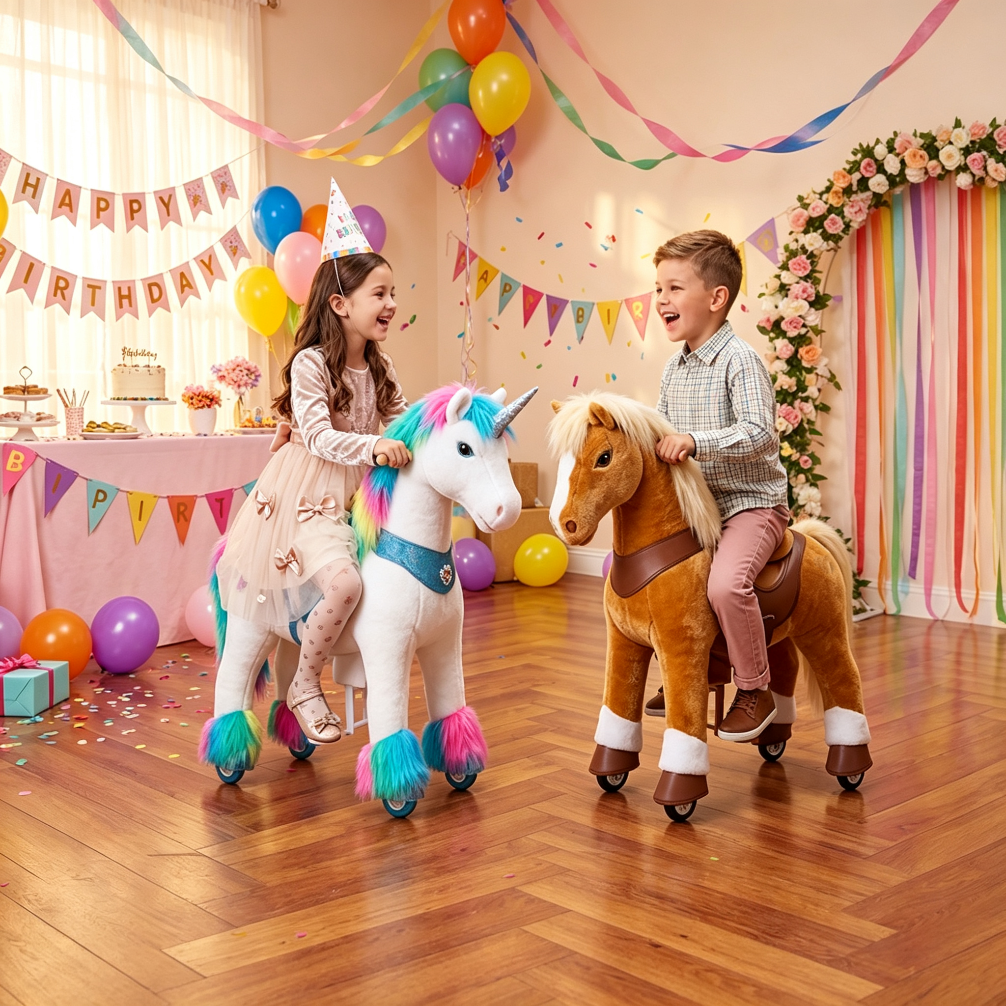 🎉 (Summer Sale!) 🎉Interactive Mechanical Riding Horse Toy with Brake – Non-Electric Plush Ride-On Pony for Kids Ages 4-7 (Brown)