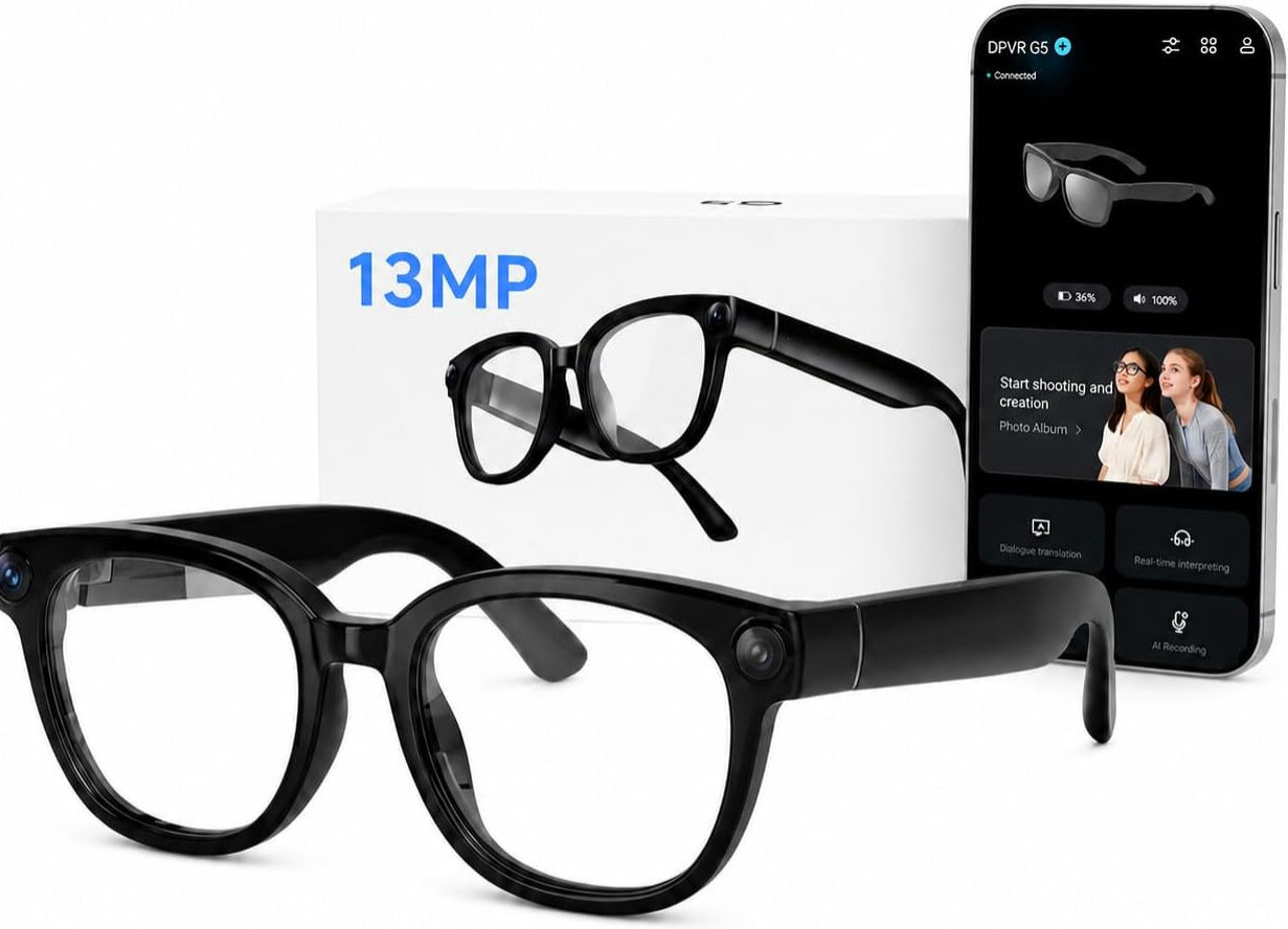 AI Smart Glasses with Camera and Bluetooth –  Camera Glasses for Men & Women, Video Recording Glasses with Continuous Voice Assistant, AI Translation, IP54, for Travel, Work, Music, Vlog