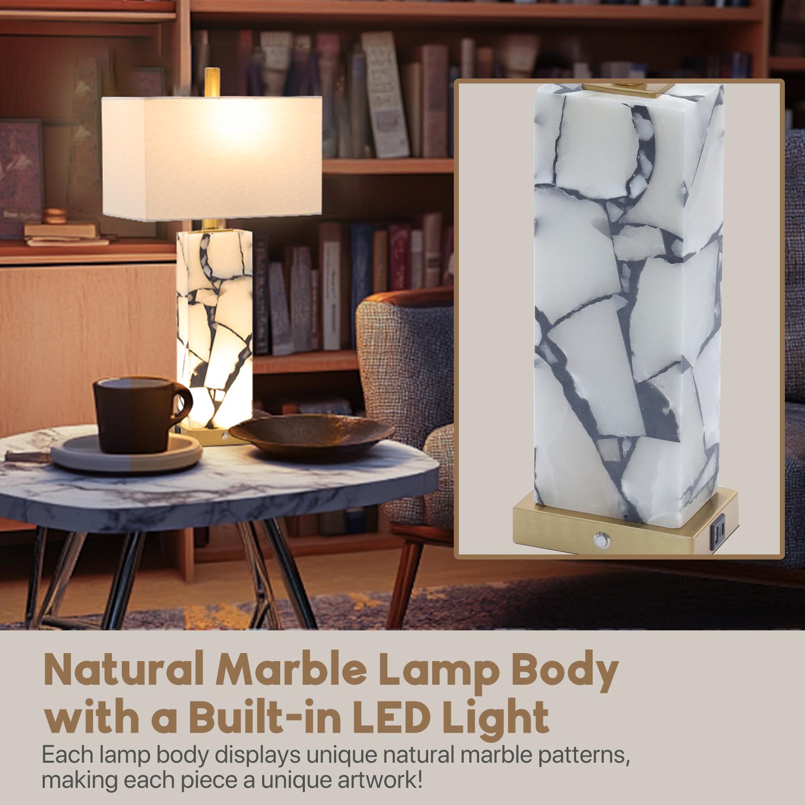 DEMILARE 2-Piece Natural Marble Alabaster LED Table Lamp Sets - 3-Color Temperature, Nightlight Mode, Fastcharging USB Ports, AC Power Supply, Adjustable Modern Artistic Novelty Led Light for Home Bedroom House Decor,BackToSchool