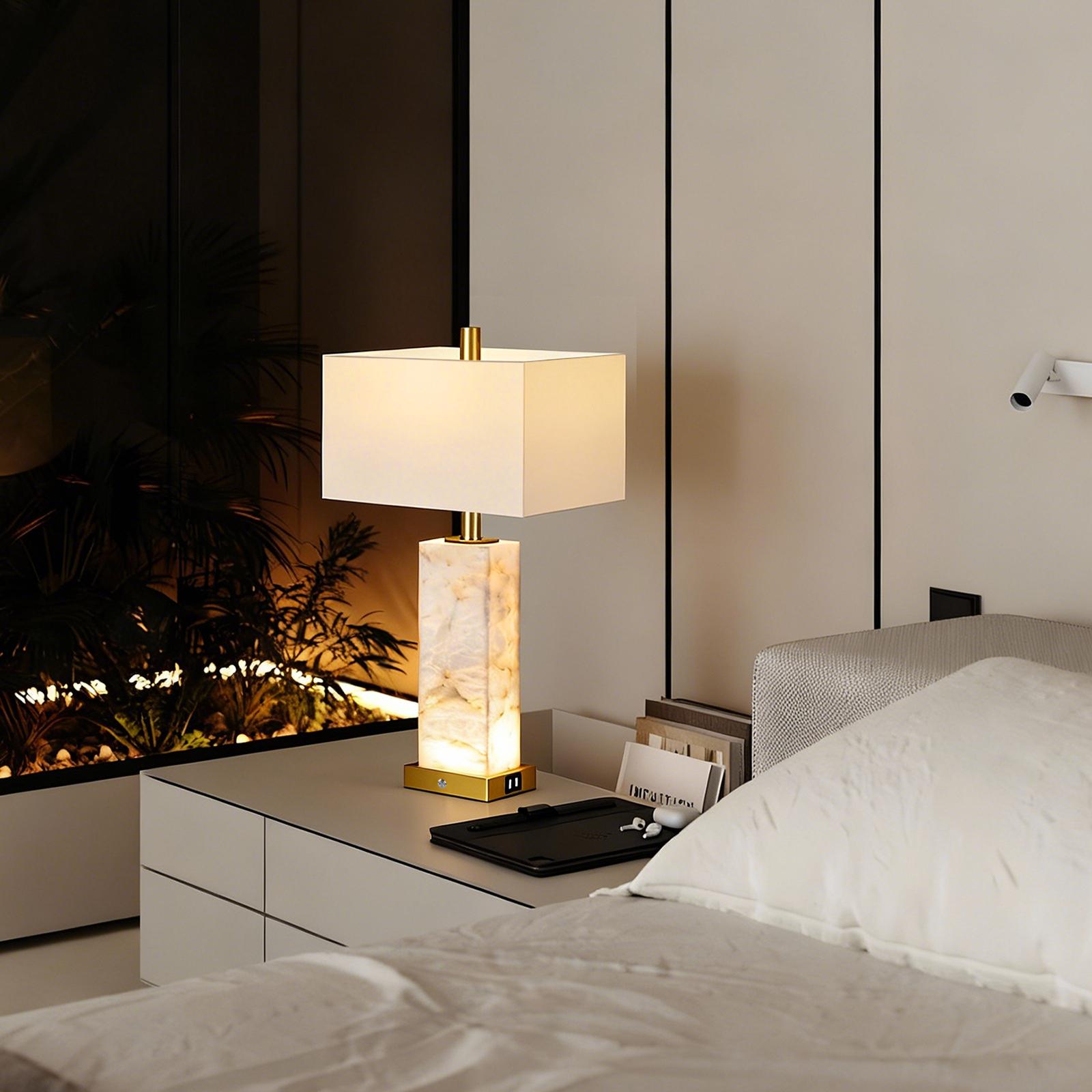DEMILARE 2-Piece Natural Marble Alabaster LED Table Lamp Sets - 3-Color Temperature, Nightlight Mode, Fastcharging USB Ports, AC Power Supply, Adjustable Modern Artistic Novelty Led Light for Home Bedroom House Decor,BackToSchool
