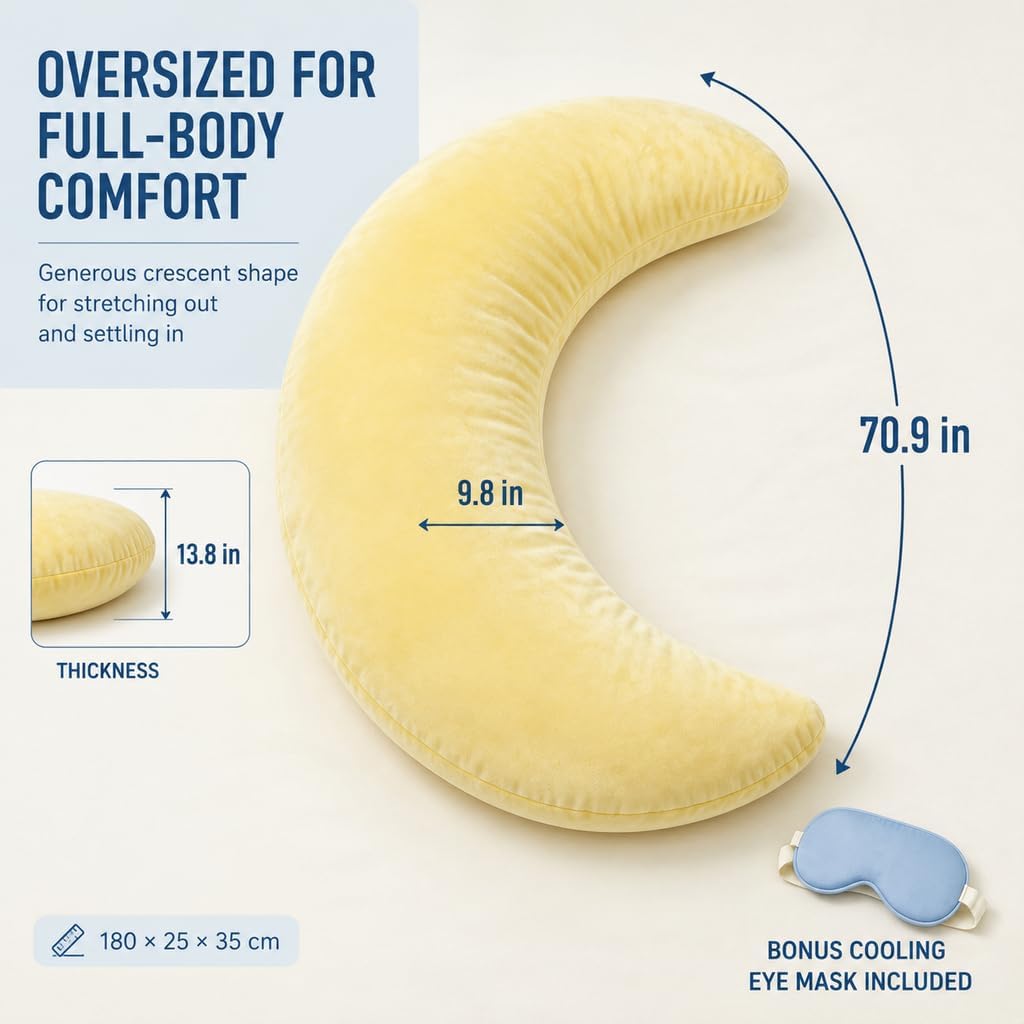 Cooling Moon Body Pillow Oversized Supportive for Side Sleepers Bed | Oversized Crescent Shape, Ultra Soft Supportive, For Bed Reading Lounging, Washable Cool-Touch Cover
