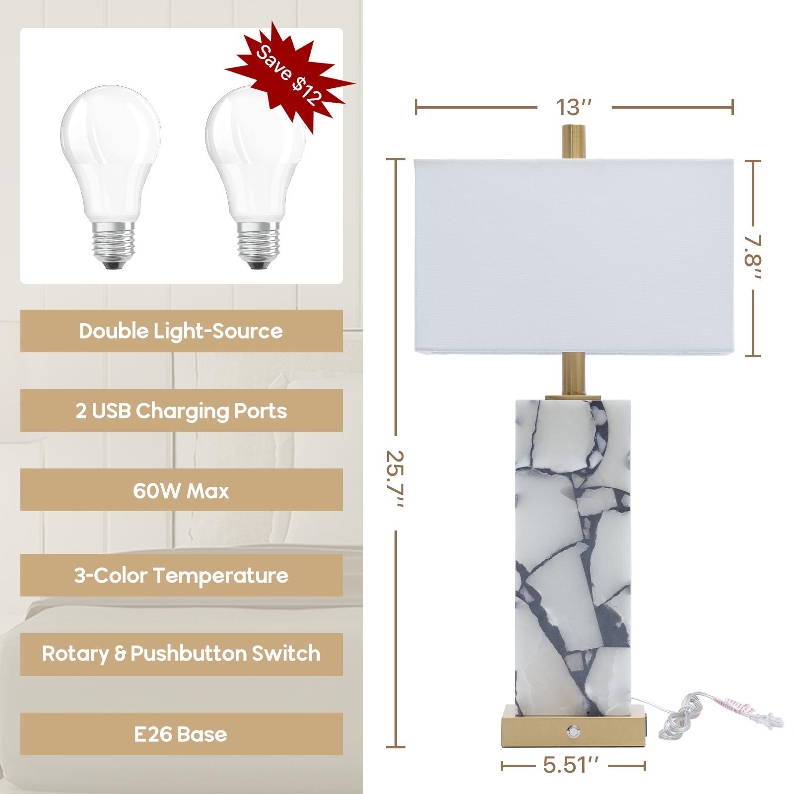 DEMILARE 2-Piece Natural Marble Alabaster LED Table Lamp Sets - 3-Color Temperature, Nightlight Mode, Fastcharging USB Ports, AC Power Supply, Adjustable Modern Artistic Novelty Led Light for Home Bedroom House Decor,BackToSchool