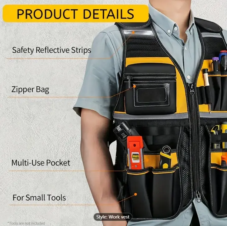 Reflective Electrician's Work Vest - Multifunctional, Wear Resistant & Tool Bag - Construction Safety