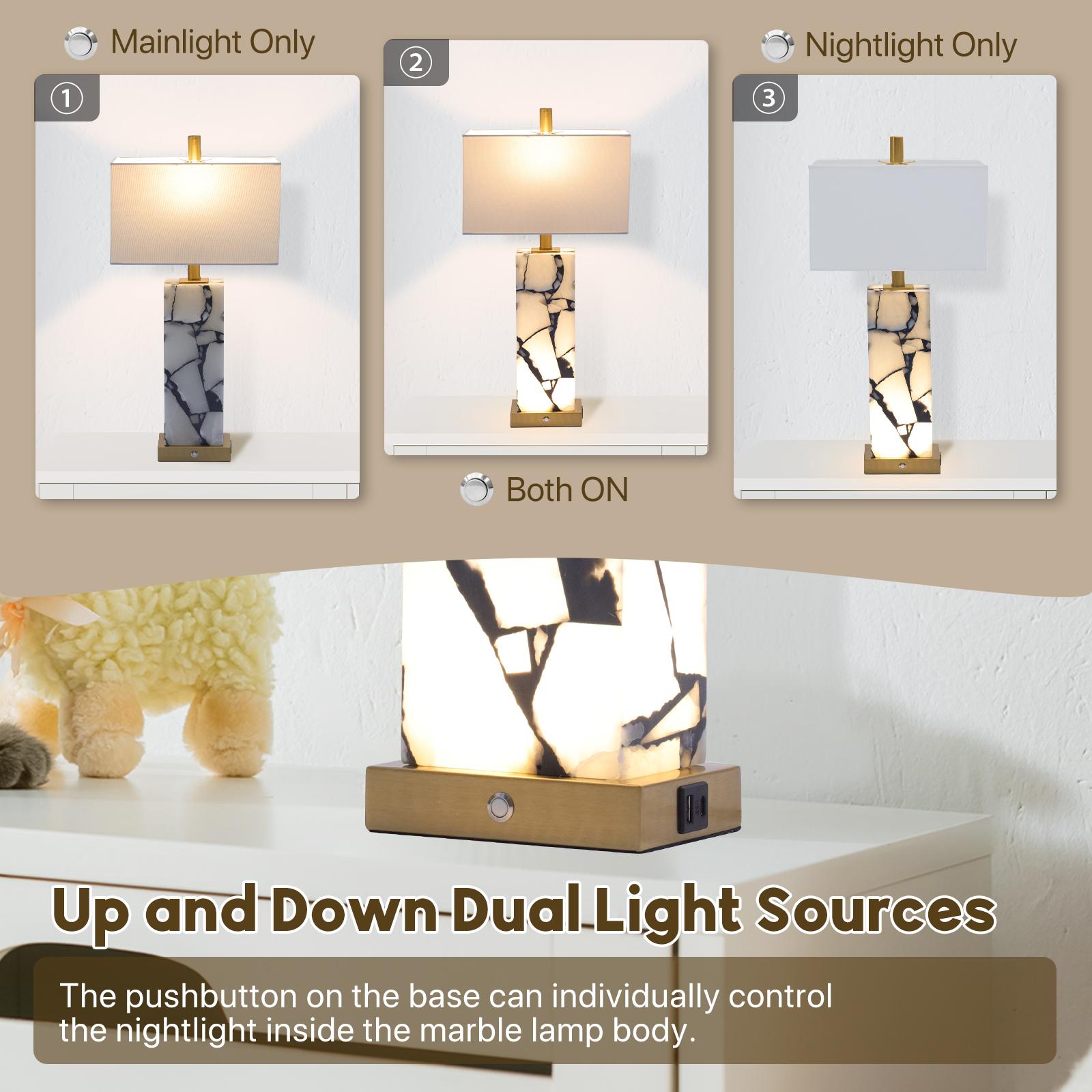 DEMILARE 2-Piece Natural Marble Alabaster LED Table Lamp Sets - 3-Color Temperature, Nightlight Mode, Fastcharging USB Ports, AC Power Supply, Adjustable Modern Artistic Novelty Led Light for Home Bedroom House Decor,BackToSchool