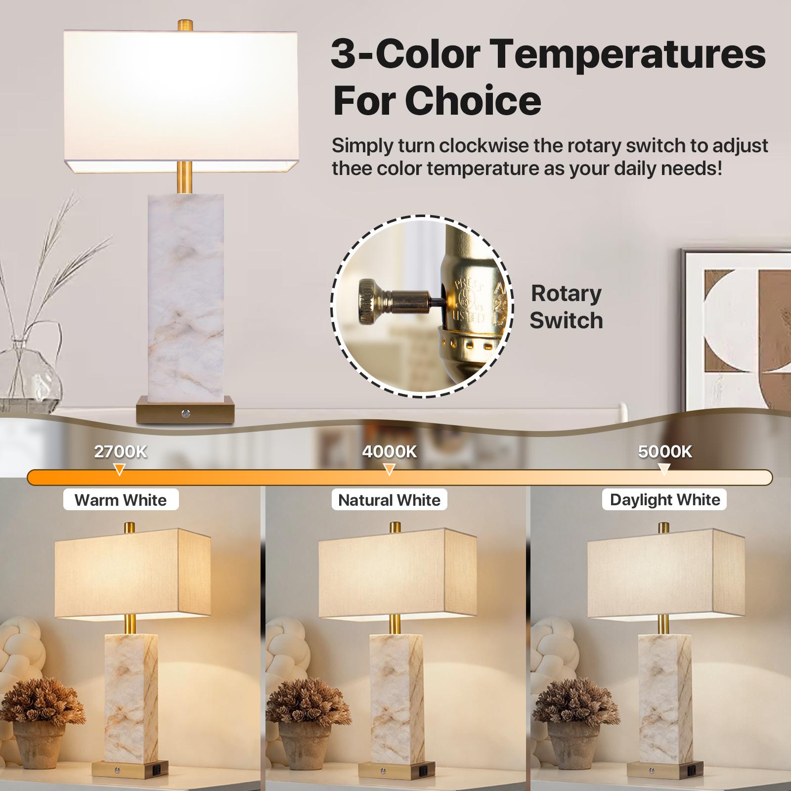 DEMILARE 2-Piece Natural Marble Alabaster LED Table Lamp Sets - 3-Color Temperature, Nightlight Mode, Fastcharging USB Ports, AC Power Supply, Adjustable Modern Artistic Novelty Led Light for Home Bedroom House Decor,BackToSchool