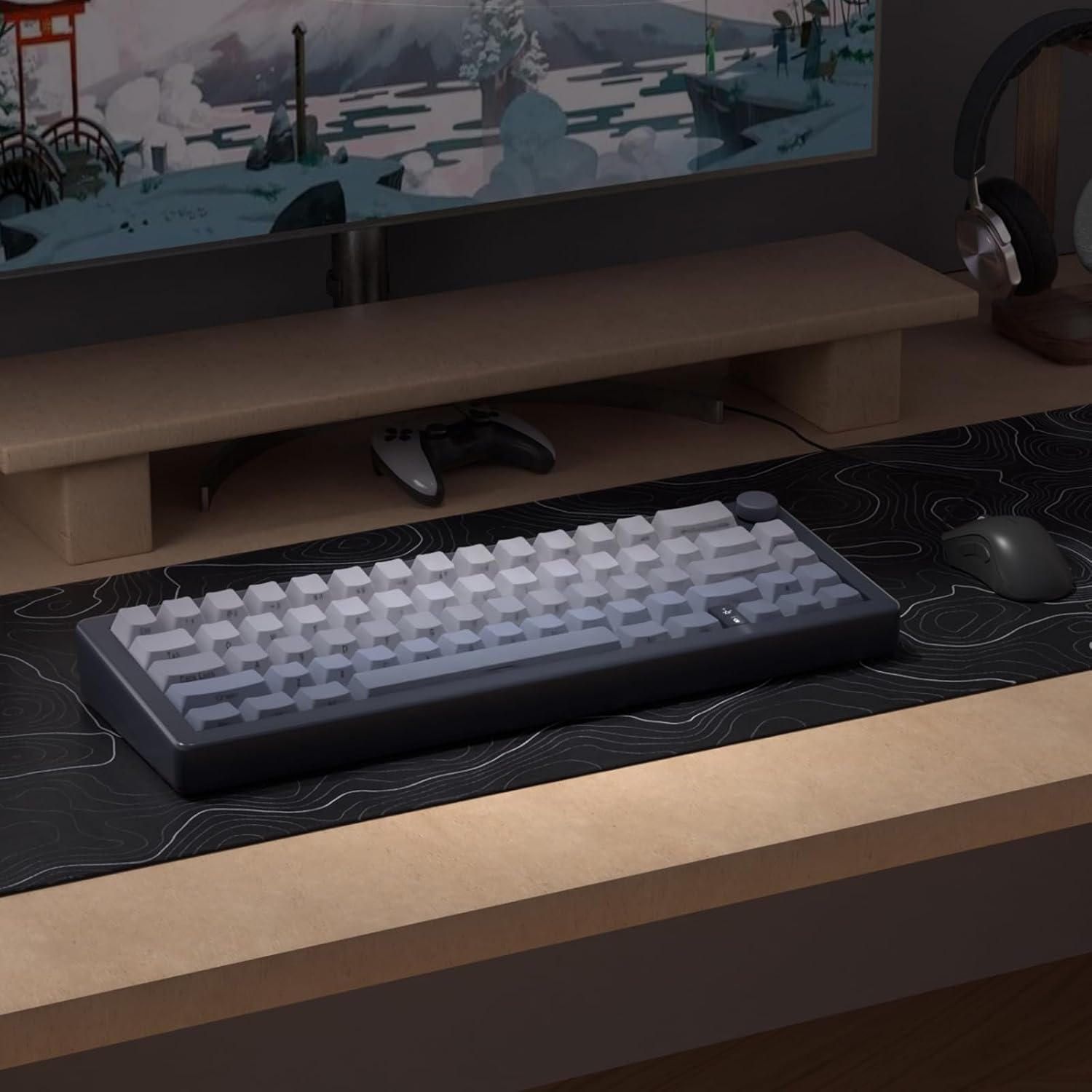 Gray Backlit Mechanical Keyboard Hot-Swappable Bluetooth/2.4G/Type-C 65% Custom RGB Keyboard with Linear Lubed Switches VIA Programmable Volume Knob for Win/Mac/iOS
