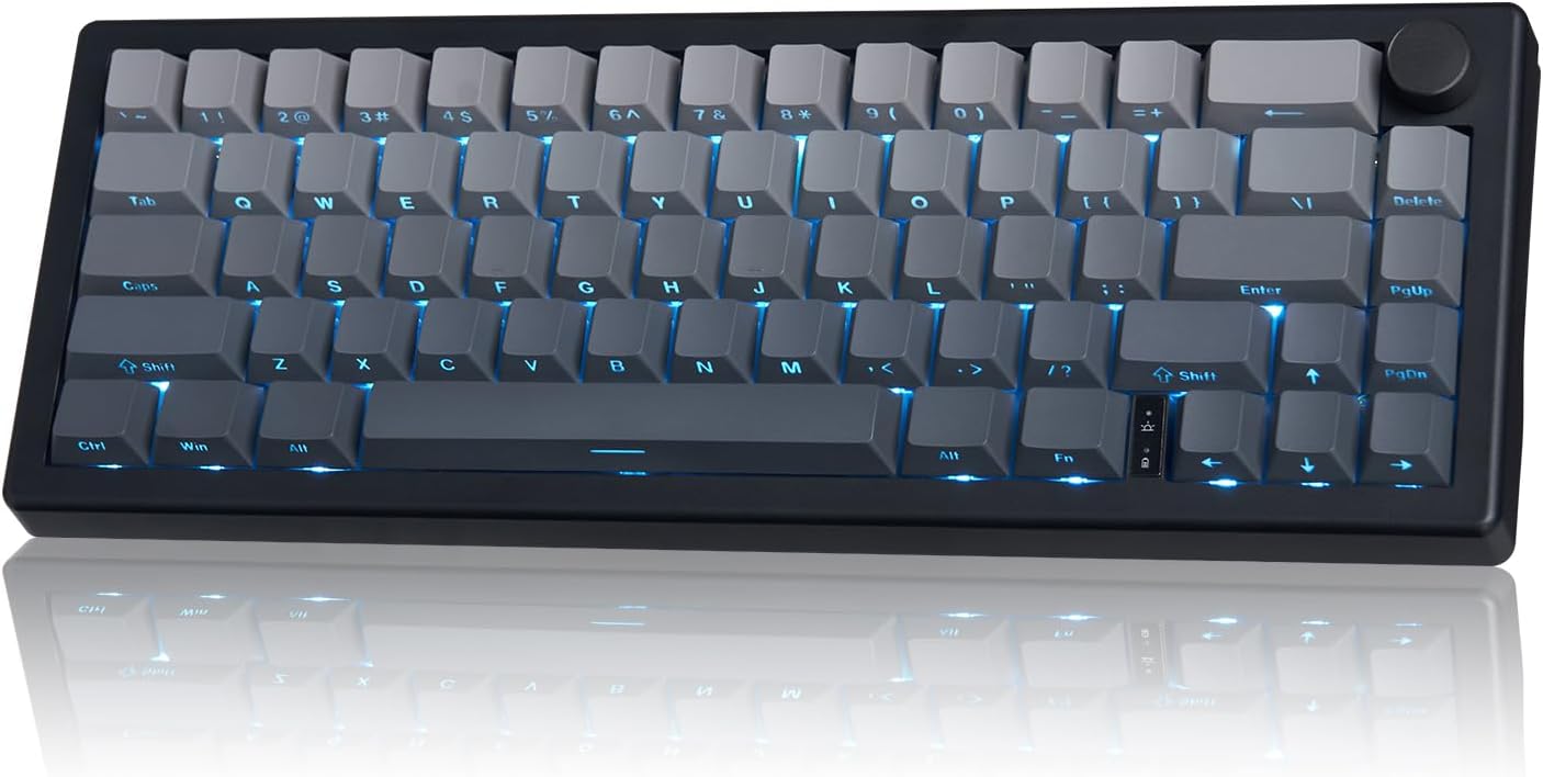 Gray Backlit Mechanical Keyboard Hot-Swappable Bluetooth/2.4G/Type-C 65% Custom RGB Keyboard with Linear Lubed Switches VIA Programmable Volume Knob for Win/Mac/iOS