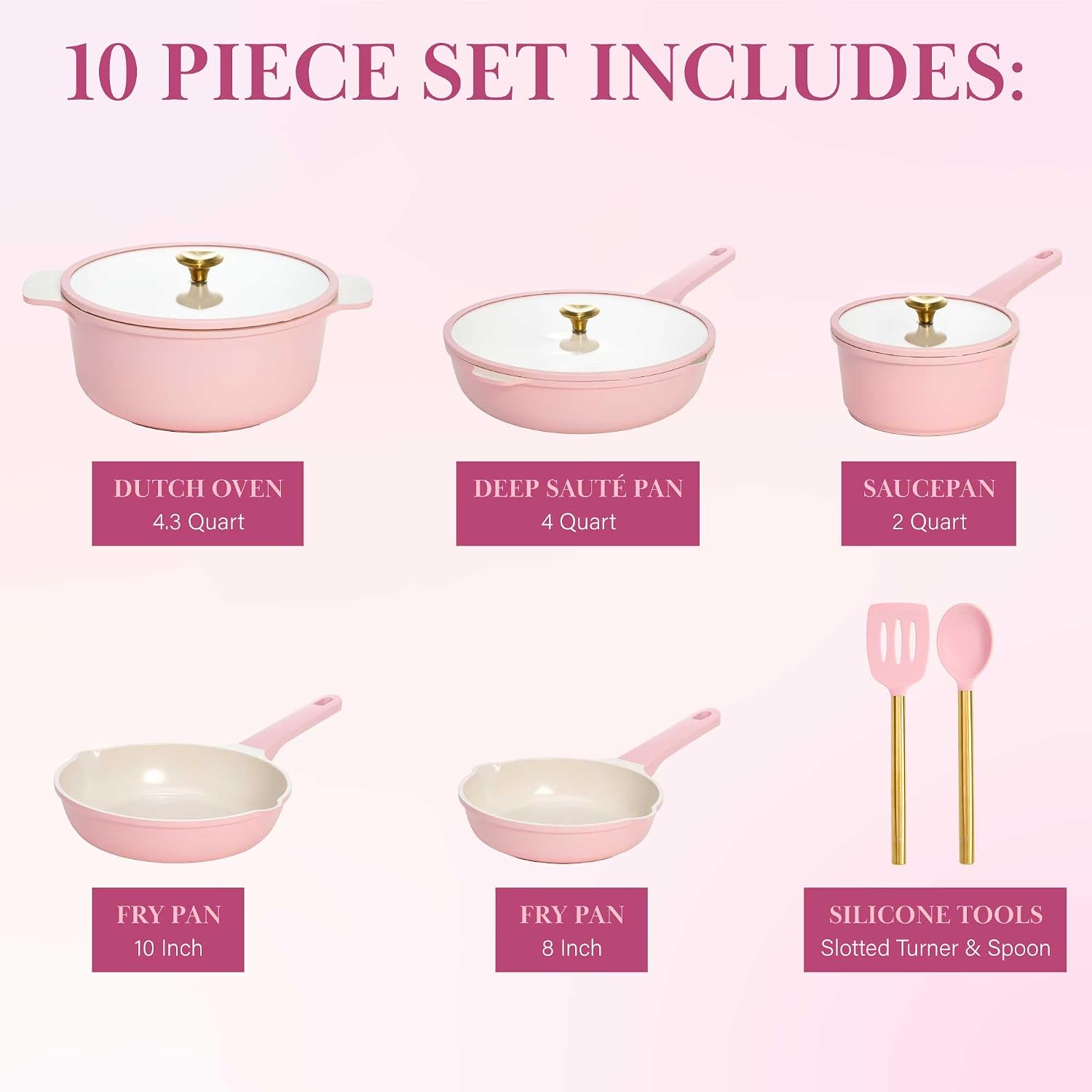 Paris Hilton Ceramic Nonstick Pots and Pans, Cookware Set, Cast Aluminum With Dual Layer Non Stick Coating, Made Without PFAS PFOA PFOS And PTFE, Dishwasher Safe, 10-Piece, Pink