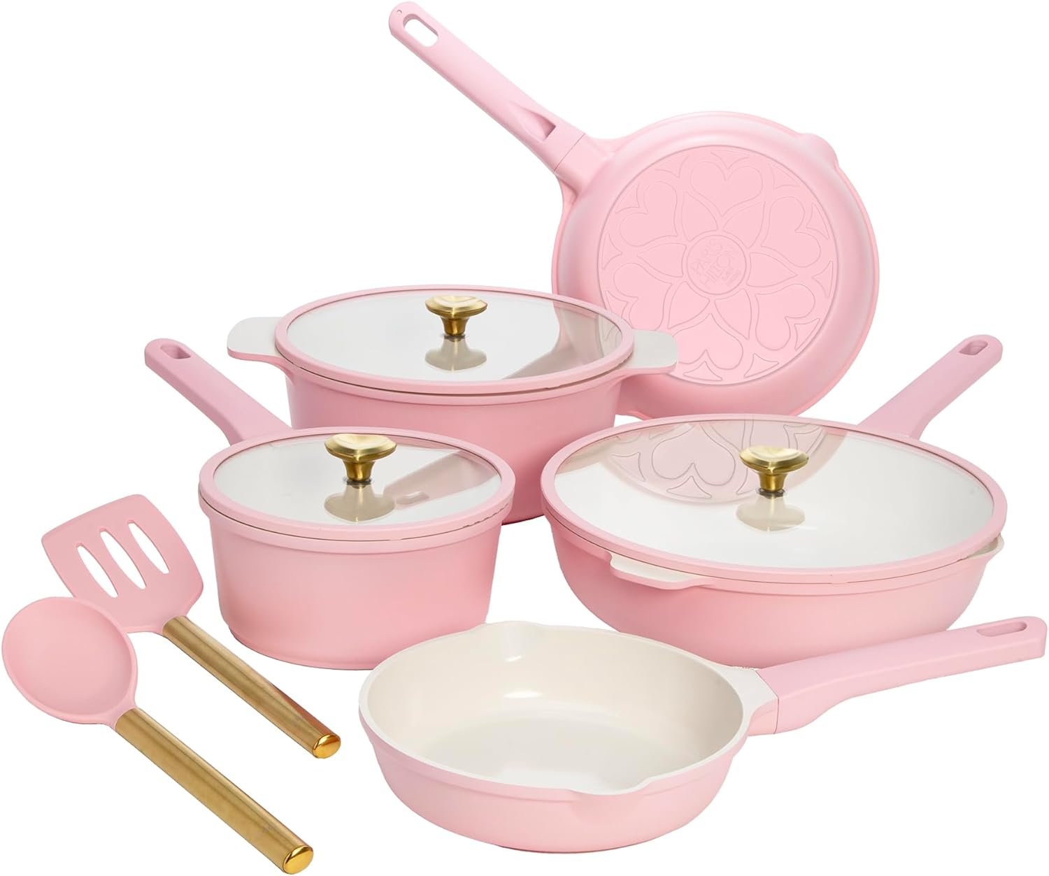 Paris Hilton Ceramic Nonstick Pots and Pans, Cookware Set, Cast Aluminum With Dual Layer Non Stick Coating, Made Without PFAS PFOA PFOS And PTFE, Dishwasher Safe, 10-Piece, Pink