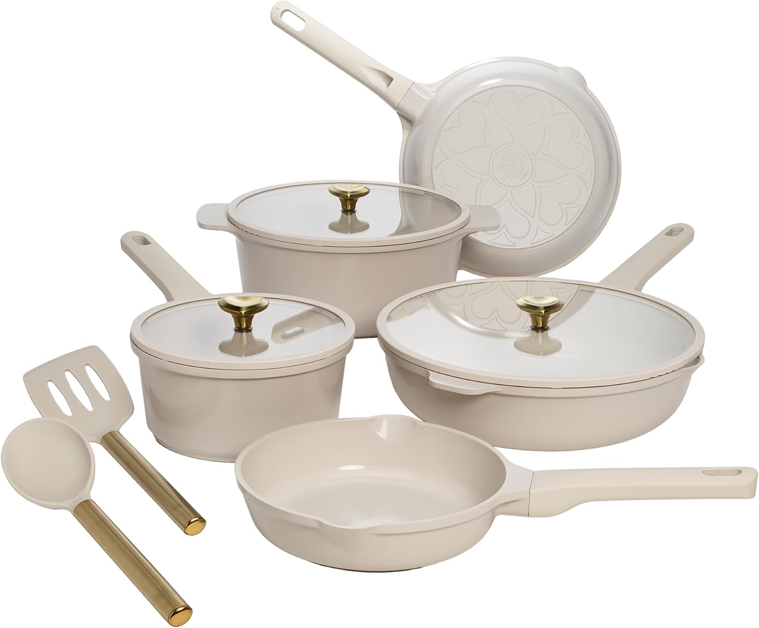Paris Hilton Ceramic Nonstick Pots and Pans, Cookware Set, Cast Aluminum With Dual Layer Non Stick Coating, Made Without PFAS PFOA PFOS And PTFE, Dishwasher Safe, 10-Piece, Pink
