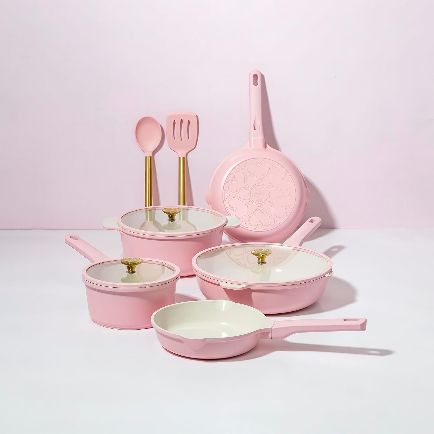 Paris Hilton Ceramic Nonstick Pots and Pans, Cookware Set, Cast Aluminum With Dual Layer Non Stick Coating, Made Without PFAS PFOA PFOS And PTFE, Dishwasher Safe, 10-Piece, Pink