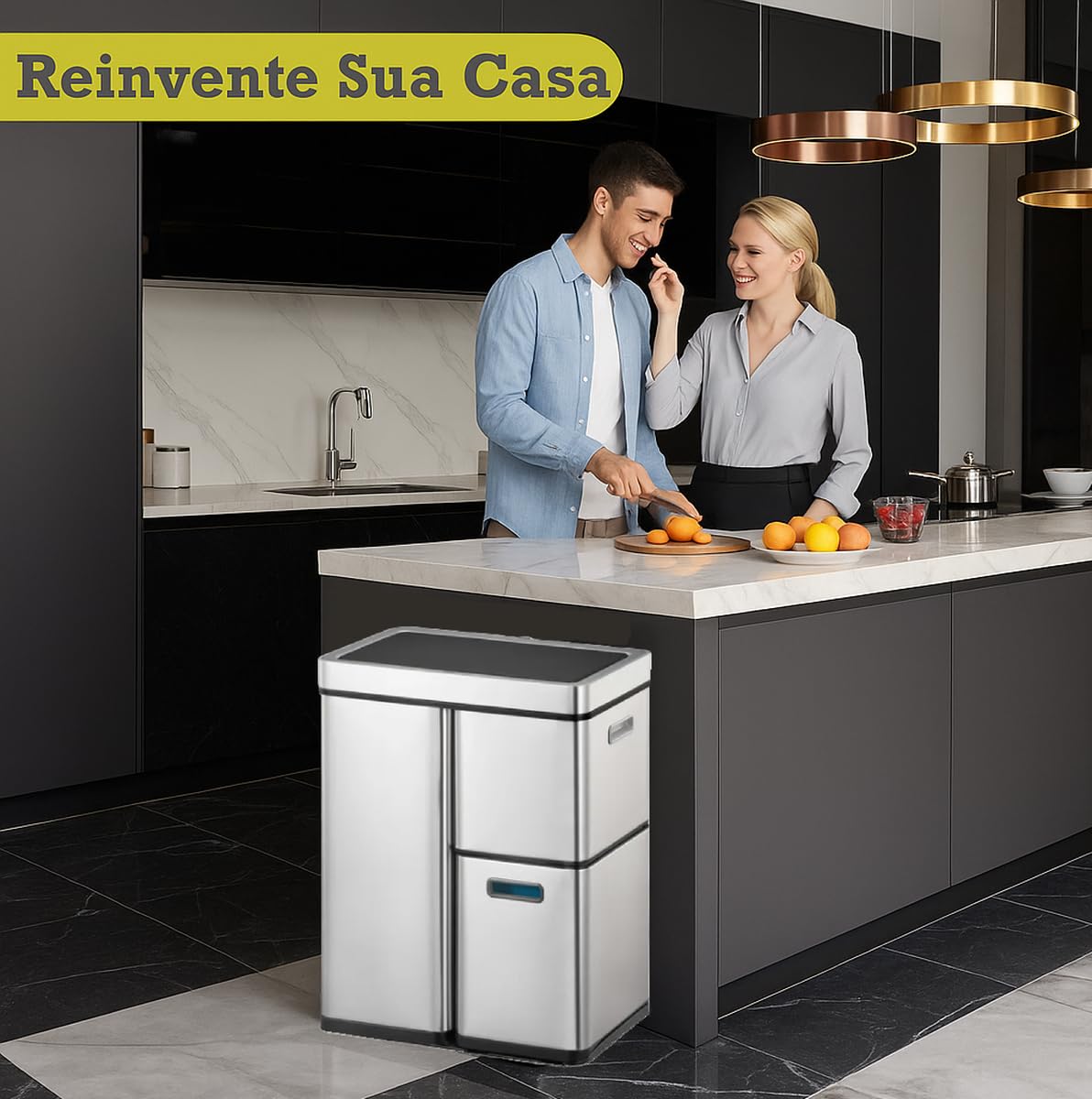 60L Automatic Sensor Trash Can — 3 Compartment Recycling Bin