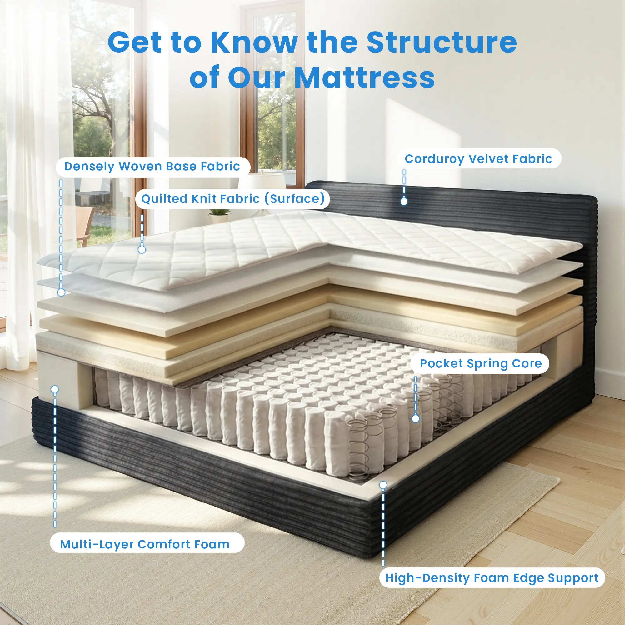 Queen Size Memory Foam Mattress with Removable Headboard, 17" Sofa Bed Full Mattress, Individually Pocketed Springs, Pressure Relief, Motion Isolation, Provides Support, CertiPUR-US Certified - No Assembly Required