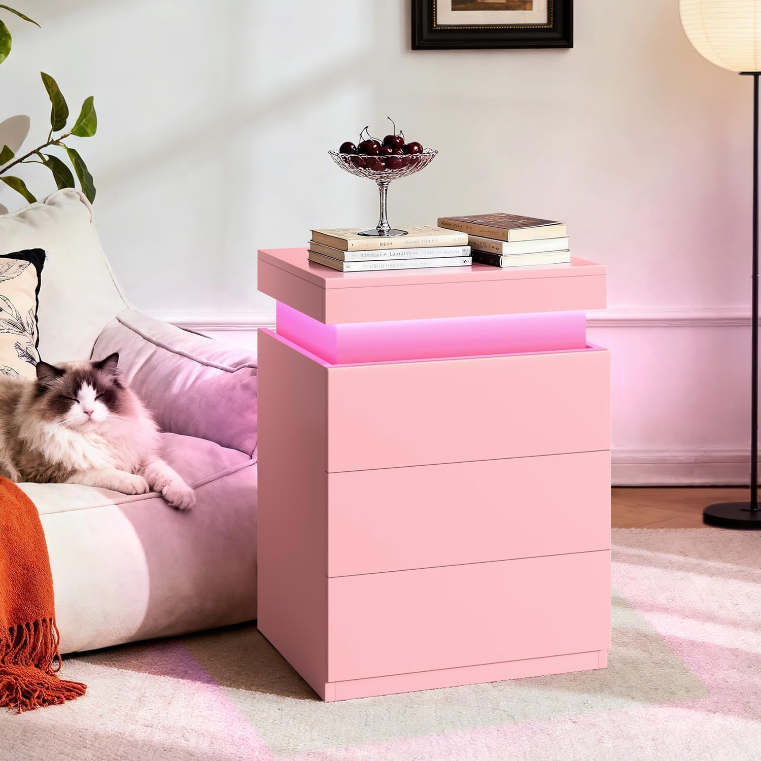 Black Nightstand with Charging Station and LED Lights | Modern Night Stand with Sliding Top,Bedside Table with Drawers,Bed Side Tables Bedroom