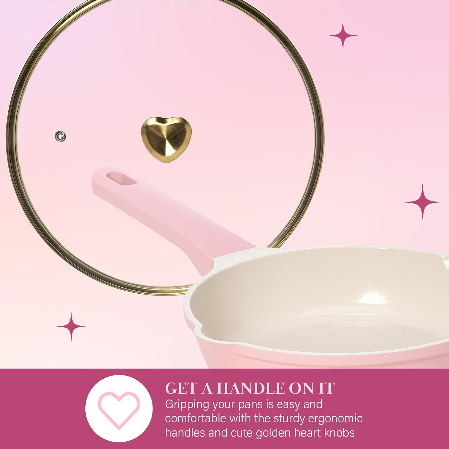 Paris Hilton Ceramic Nonstick Pots and Pans, Cookware Set, Cast Aluminum With Dual Layer Non Stick Coating, Made Without PFAS PFOA PFOS And PTFE, Dishwasher Safe, 10-Piece, Pink