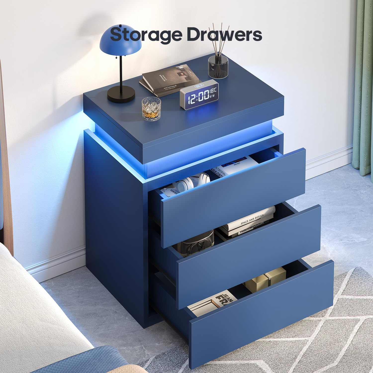 Black Nightstand with Charging Station and LED Lights | Modern Night Stand with Sliding Top,Bedside Table with Drawers,Bed Side Tables Bedroom