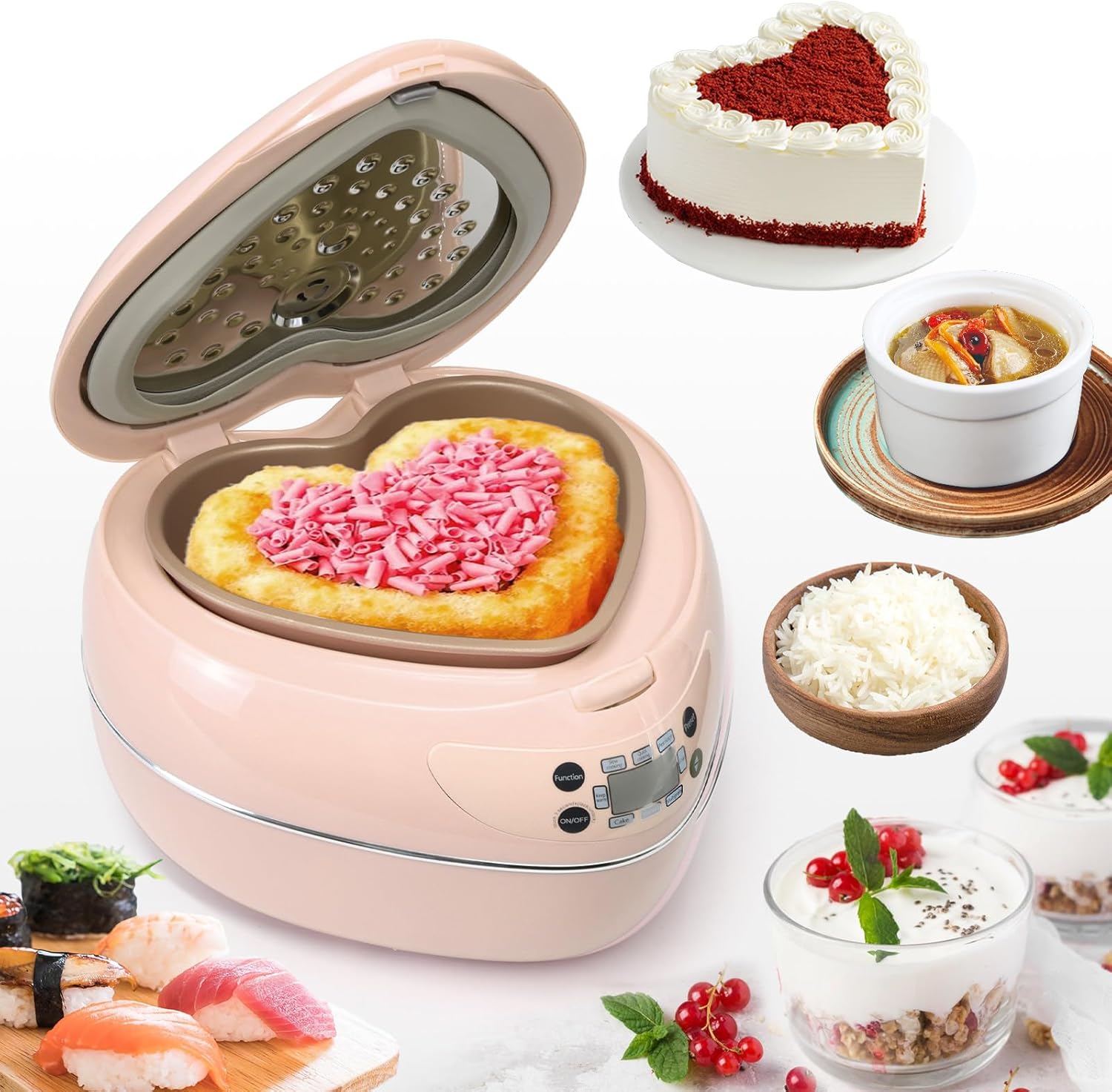 Peach Heart Shape Rice Cooker 8 Cup Cooked, 4 Cup Uncooked Rice, Multifunctional Pink Rice Cooker, 300w, with Preset Timer, 1.8L