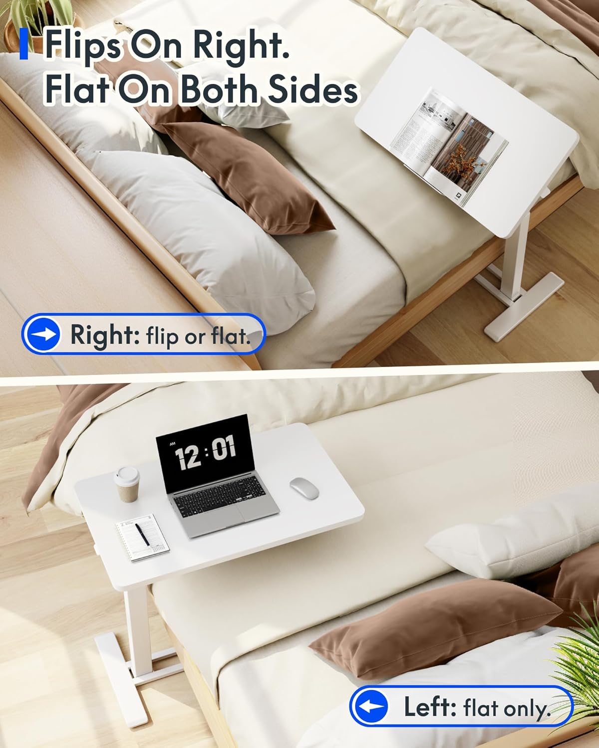 FLEXISPOT H7 PRO Mobile Standing Desk Adjustable Overbed Table Pneumatic with Wheels 90°Tiltable Portable Laptop Desk Rolling Computer Cart Foldable Bedside Table(27.6" W x 15.7" D, White)