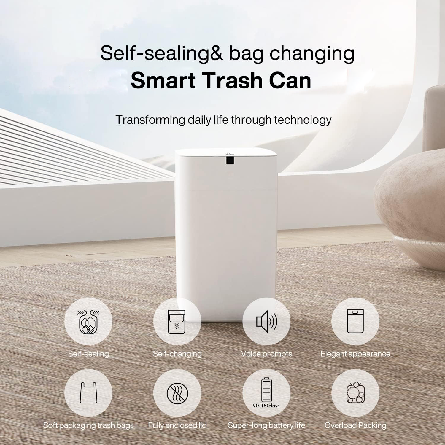 Automatic Trash Can, 4 Gallon Self Sealing and Self-Changing Smart Trash Can, Motion Sensor, Touchless Garbage can with lid for Kitchen Bathroom Bedroom, 6 Refill Rings(A1, Black Line)