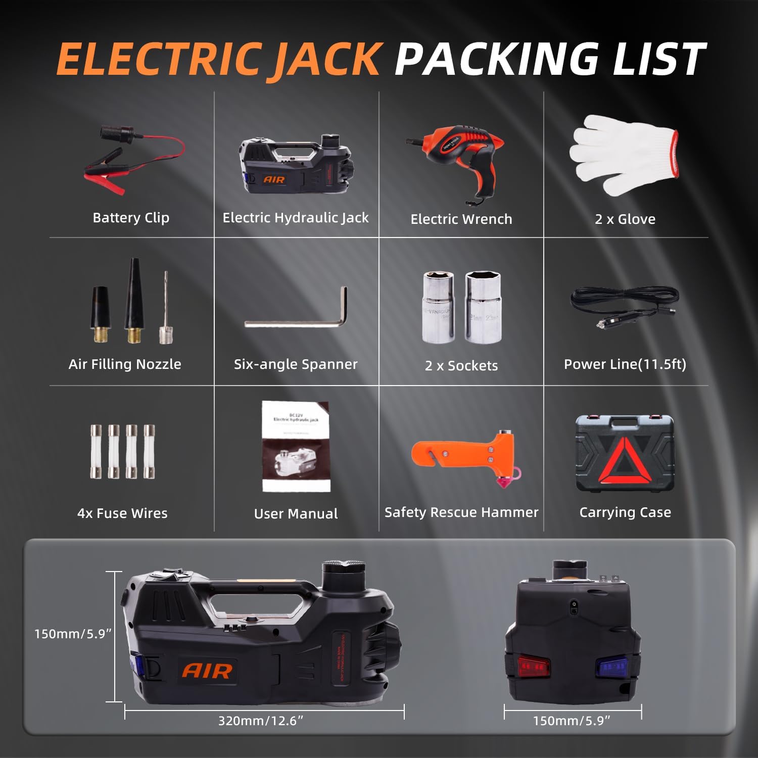 5T Electric Car Jack Kit – 12V Hydraulic Lift, Impact Wrench & Air Pump