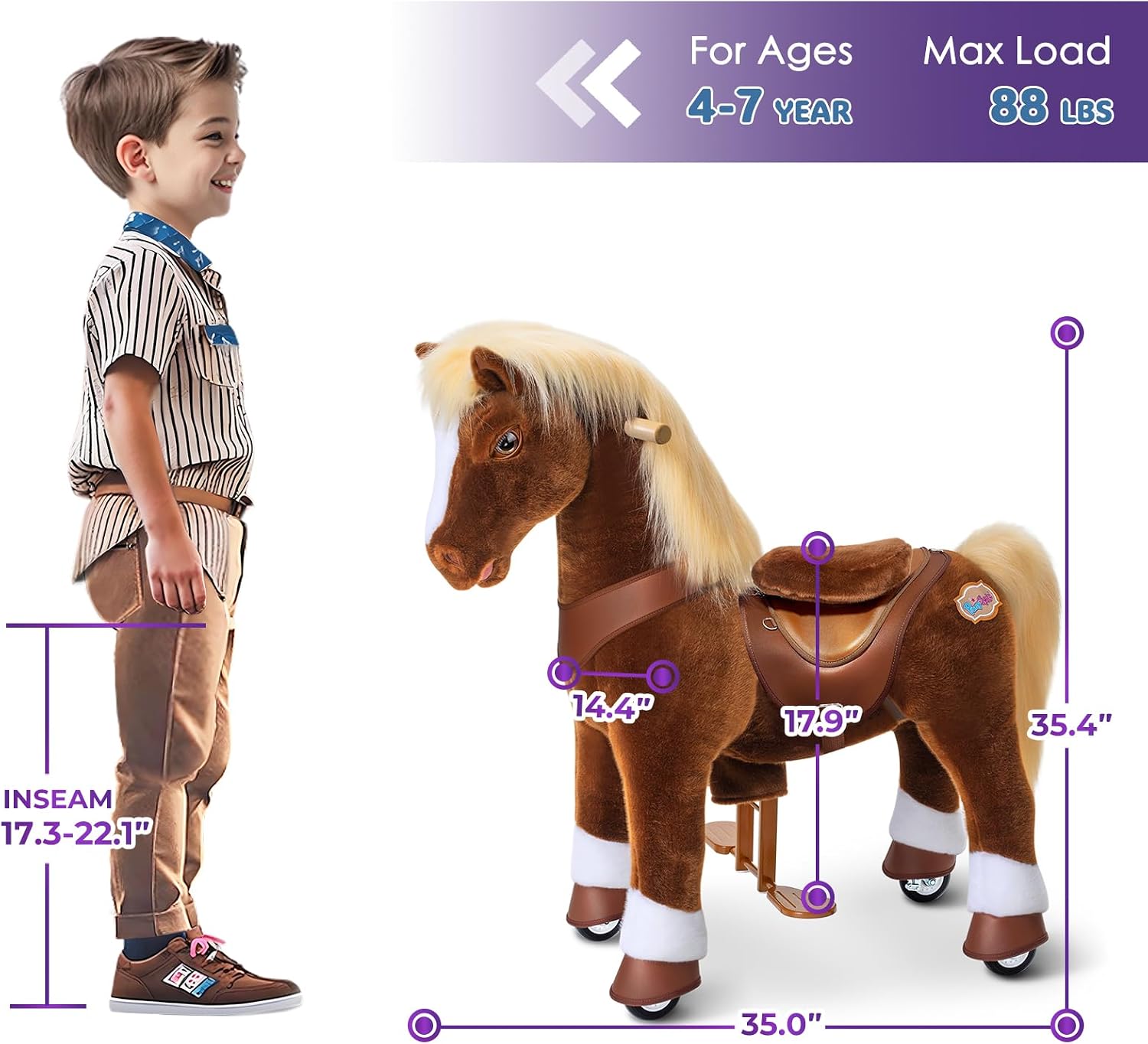  🎉 (Summer Sale!) 🎉Interactive Mechanical Riding Horse Toy with Brake – Non-Electric Plush Ride-On Pony for Kids Ages 4-7 (Brown)