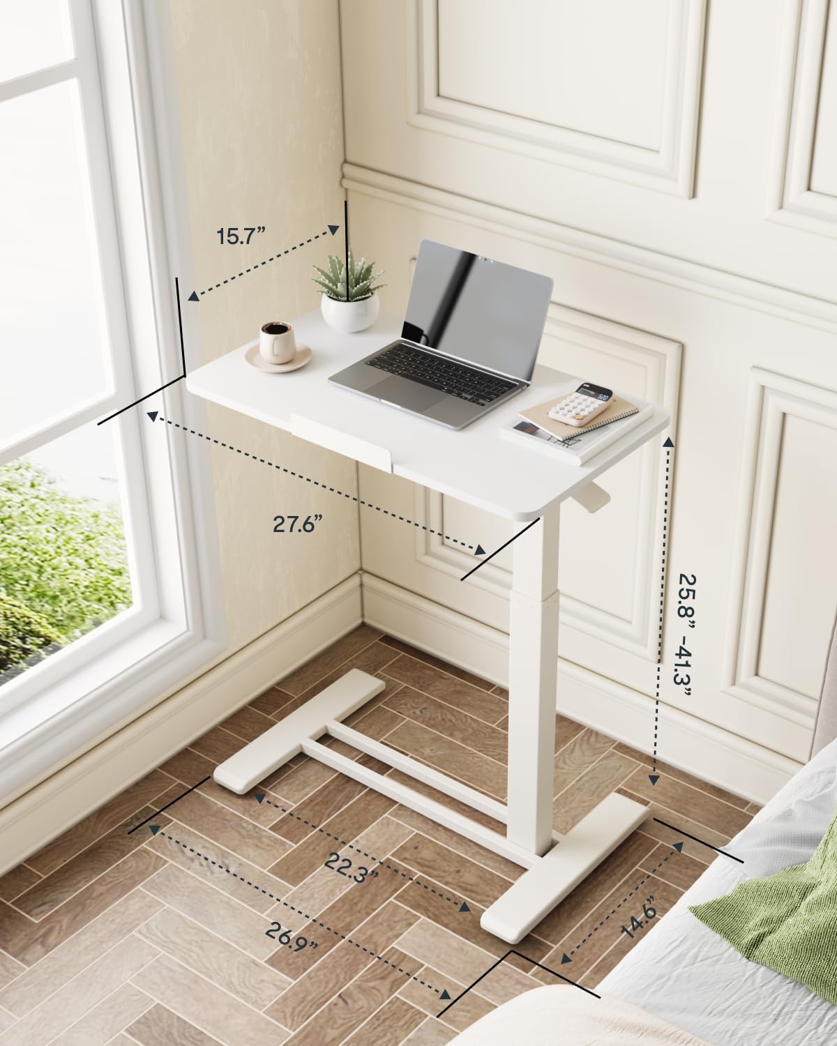 FLEXISPOT H7 PRO Mobile Standing Desk Adjustable Overbed Table Pneumatic with Wheels 90°Tiltable Portable Laptop Desk Rolling Computer Cart Foldable Bedside Table(27.6" W x 15.7" D, White)