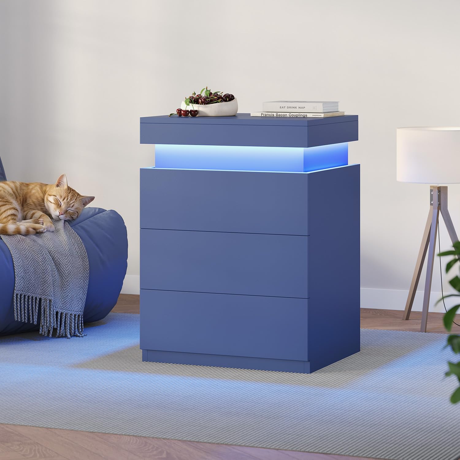 Black Nightstand with Charging Station and LED Lights | Modern Night Stand with Sliding Top,Bedside Table with Drawers,Bed Side Tables Bedroom
