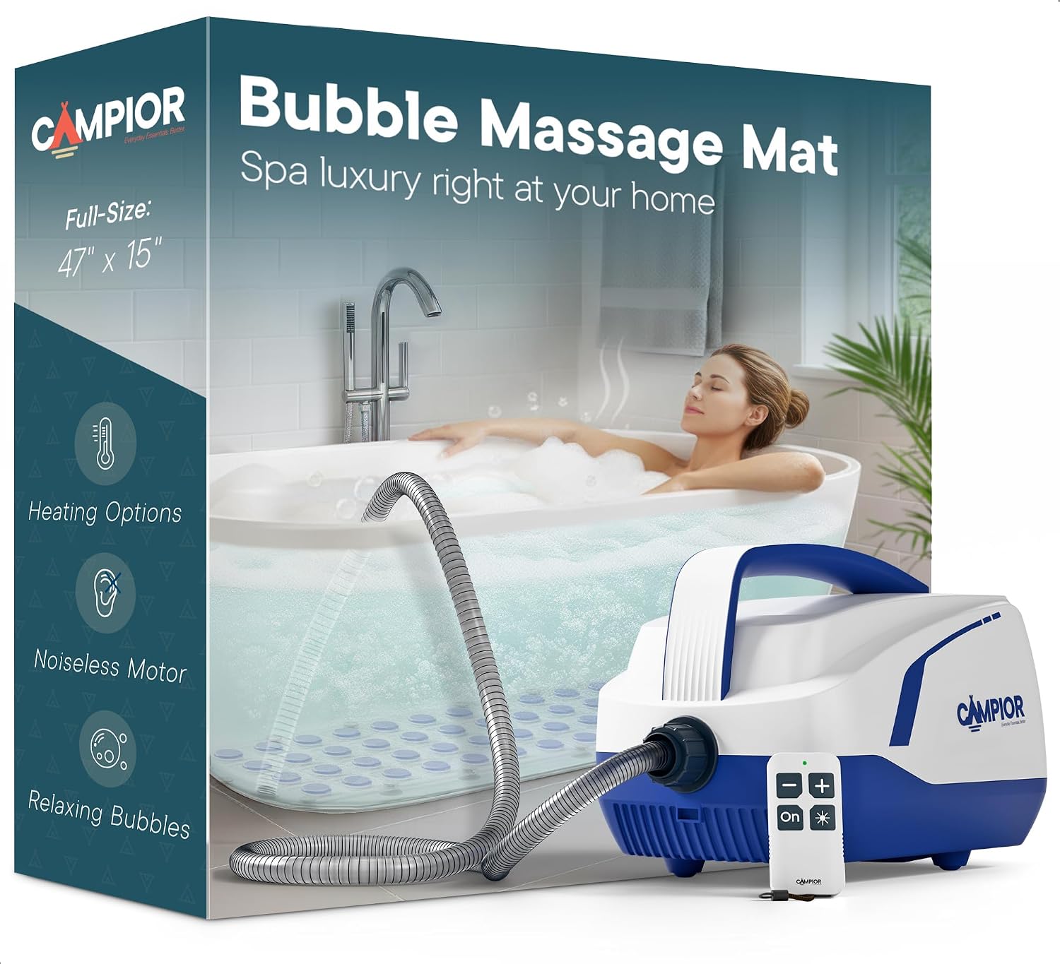 Bubble Bath Massager Mat for Bathtub, 47.24" x 14.57" Full-Body Heated Air Spa with 6-Level Adjustable Bubbles, Non-Slip Waterproof Design, Remote Control, For Stress, Muscle Relief & Relaxation, Aqua