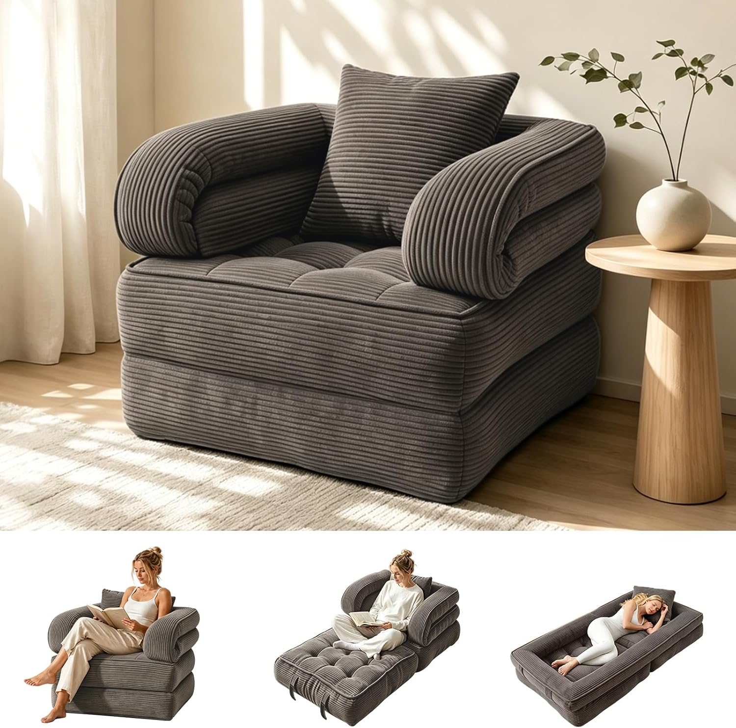 Folding Sofa Bed, Convertible Sleeper Chair with Armrests for Adults, Foldable Corduroy Boneless Bed, 3-in-1 Portable Futon Couch Floor Sofa with Pillow for Bedroom, Living Room, Dark Green