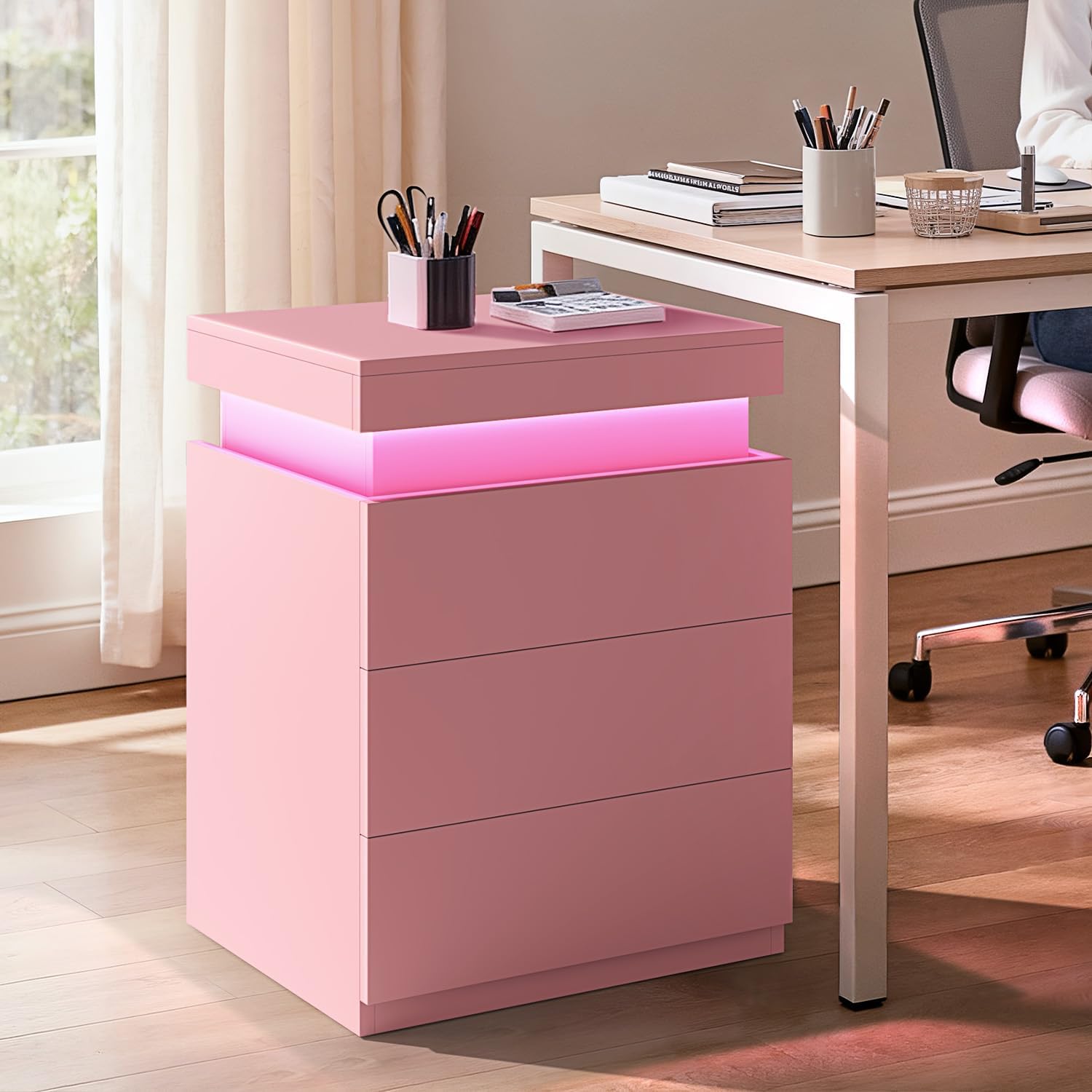 Black Nightstand with Charging Station and LED Lights | Modern Night Stand with Sliding Top,Bedside Table with Drawers,Bed Side Tables Bedroom
