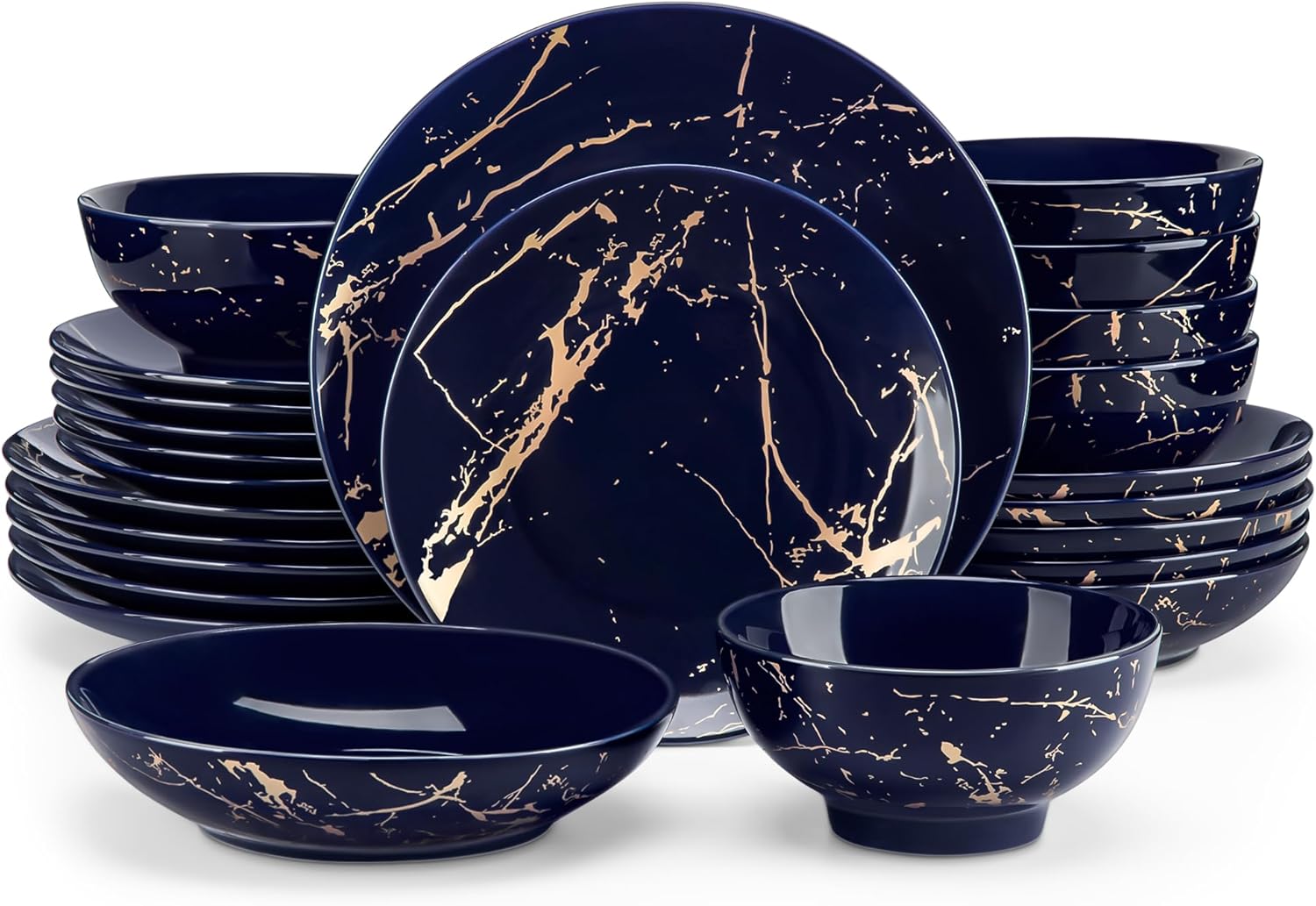 Black Plates and Bowls Sets for 4, Porcelain Dinnerware Sets 16 Piece Gold Splash Glaze Ceramic Dish Set, Round Dinner Set with Mugs, Dishwasher Microwave Safe