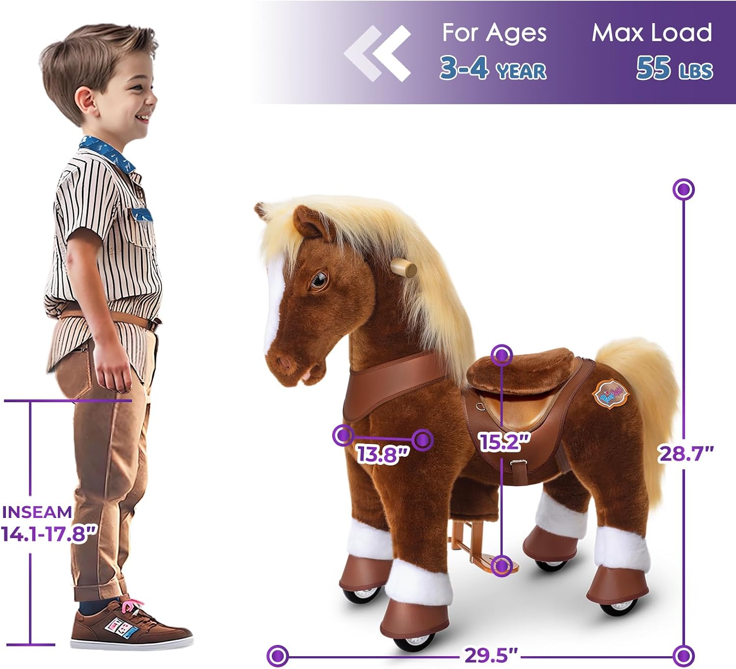  🎉 (Summer Sale!) 🎉Interactive Mechanical Riding Horse Toy with Brake – Non-Electric Plush Ride-On Pony for Kids Ages 4-7 (Brown)