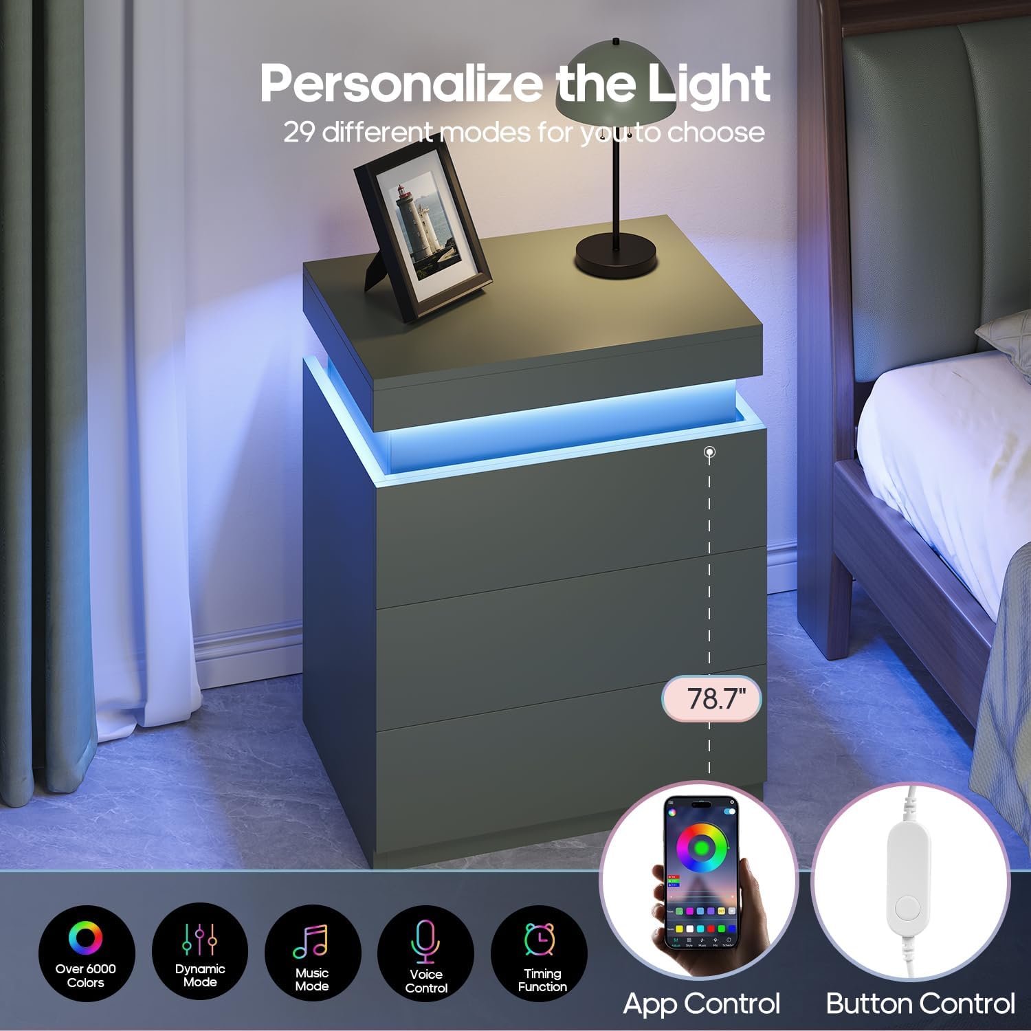 Black Nightstand with Charging Station and LED Lights | Modern Night Stand with Sliding Top,Bedside Table with Drawers,Bed Side Tables Bedroom