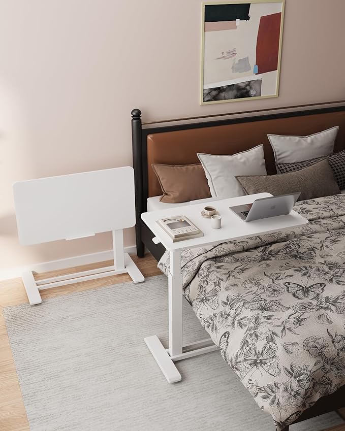 FLEXISPOT H7 PRO Mobile Standing Desk Adjustable Overbed Table Pneumatic with Wheels 90°Tiltable Portable Laptop Desk Rolling Computer Cart Foldable Bedside Table(27.6" W x 15.7" D, White)