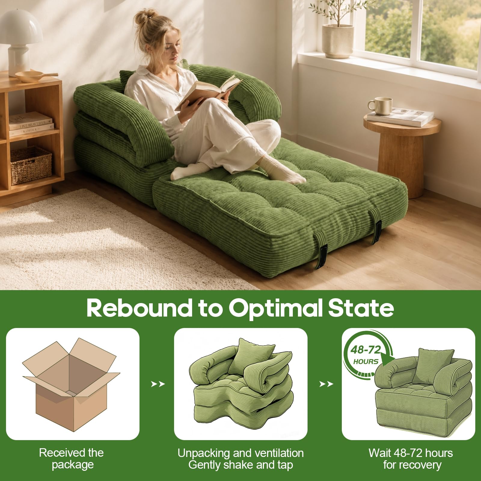 Folding Sofa Bed, Convertible Sleeper Chair with Armrests for Adults, Foldable Corduroy Boneless Bed, 3-in-1 Portable Futon Couch Floor Sofa with Pillow for Bedroom, Living Room, Dark Green