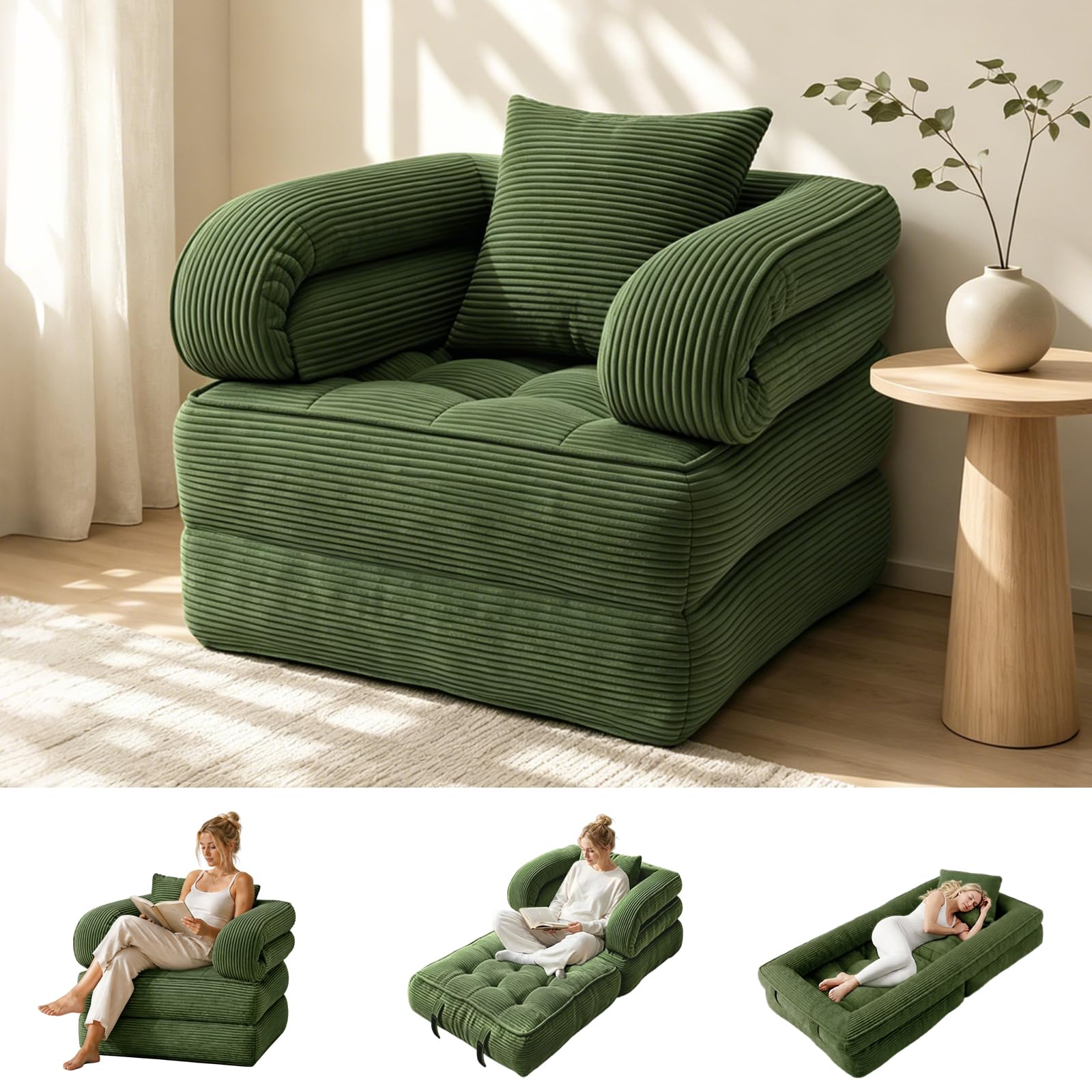 Folding Sofa Bed, Convertible Sleeper Chair with Armrests for Adults, Foldable Corduroy Boneless Bed, 3-in-1 Portable Futon Couch Floor Sofa with Pillow for Bedroom, Living Room, Dark Green
