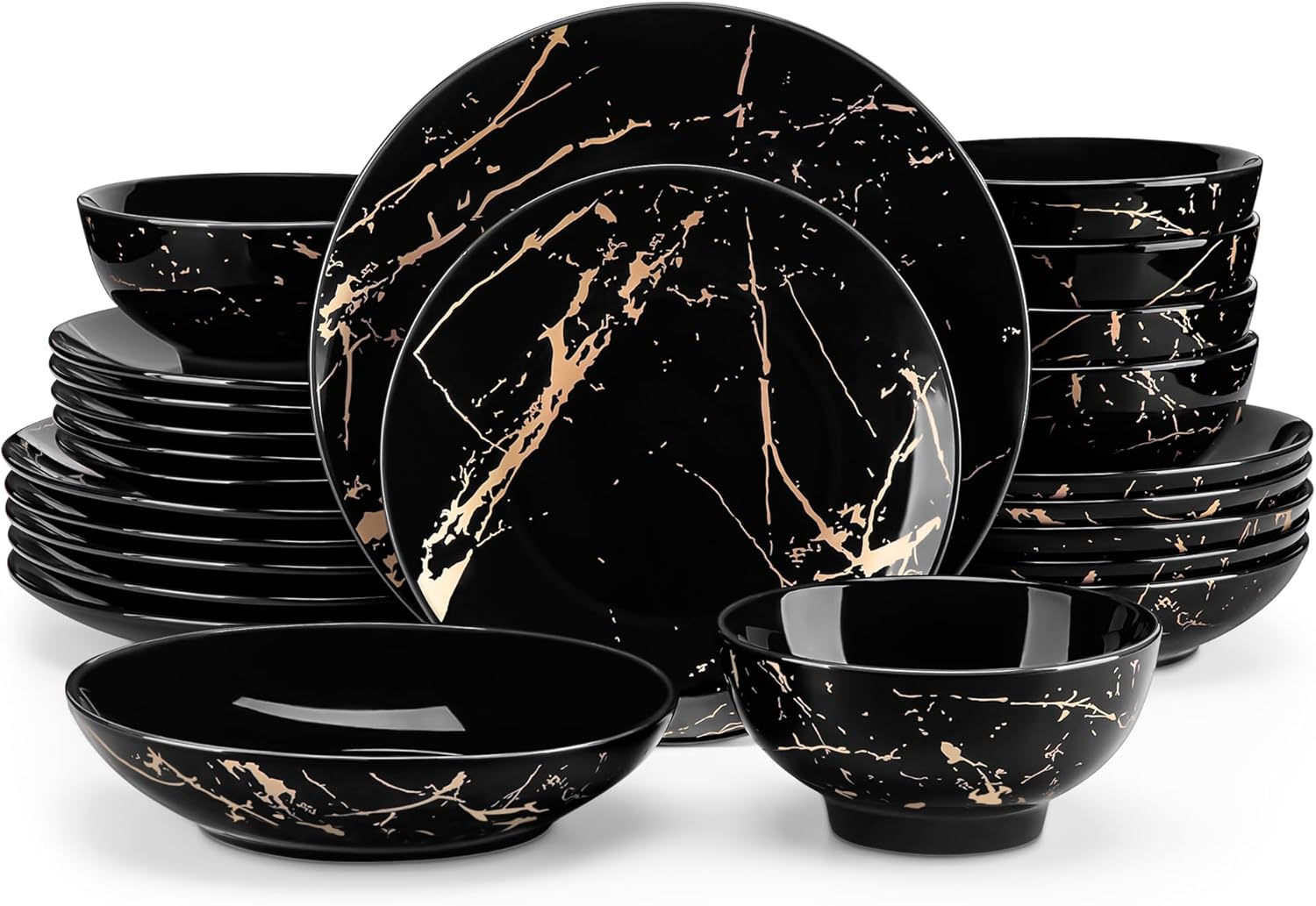 Black Plates and Bowls Sets for 4, Porcelain Dinnerware Sets 16 Piece Gold Splash Glaze Ceramic Dish Set, Round Dinner Set with Mugs, Dishwasher Microwave Safe