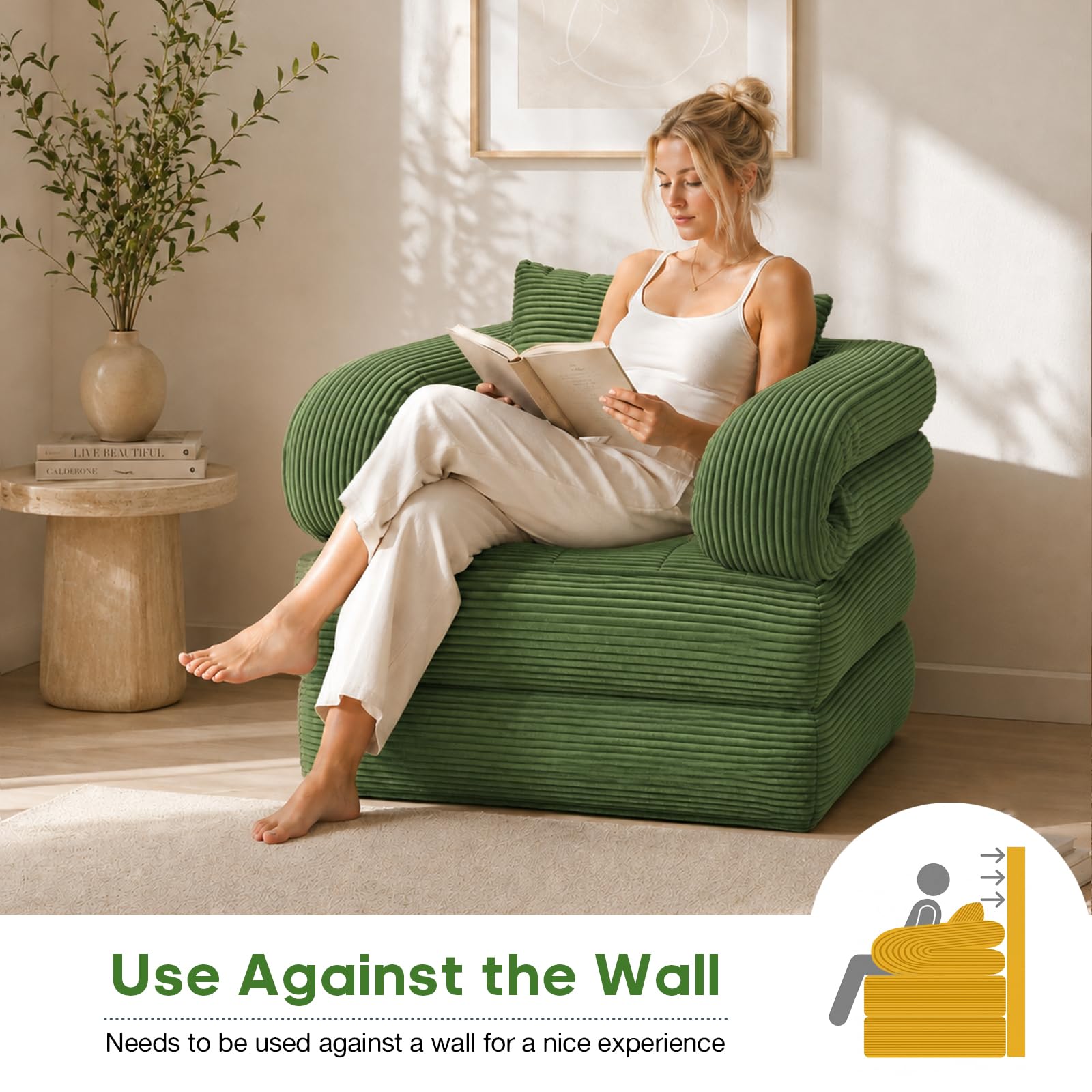 Folding Sofa Bed, Convertible Sleeper Chair with Armrests for Adults, Foldable Corduroy Boneless Bed, 3-in-1 Portable Futon Couch Floor Sofa with Pillow for Bedroom, Living Room, Dark Green