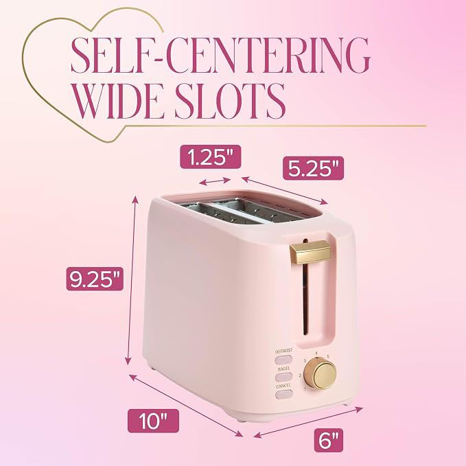 Paris Hilton 2-Slice Toaster, Extra-Wide Slots, 7 Browning Settings, Bagel & Defrost Functions, Removable Crumb Tray, Pink