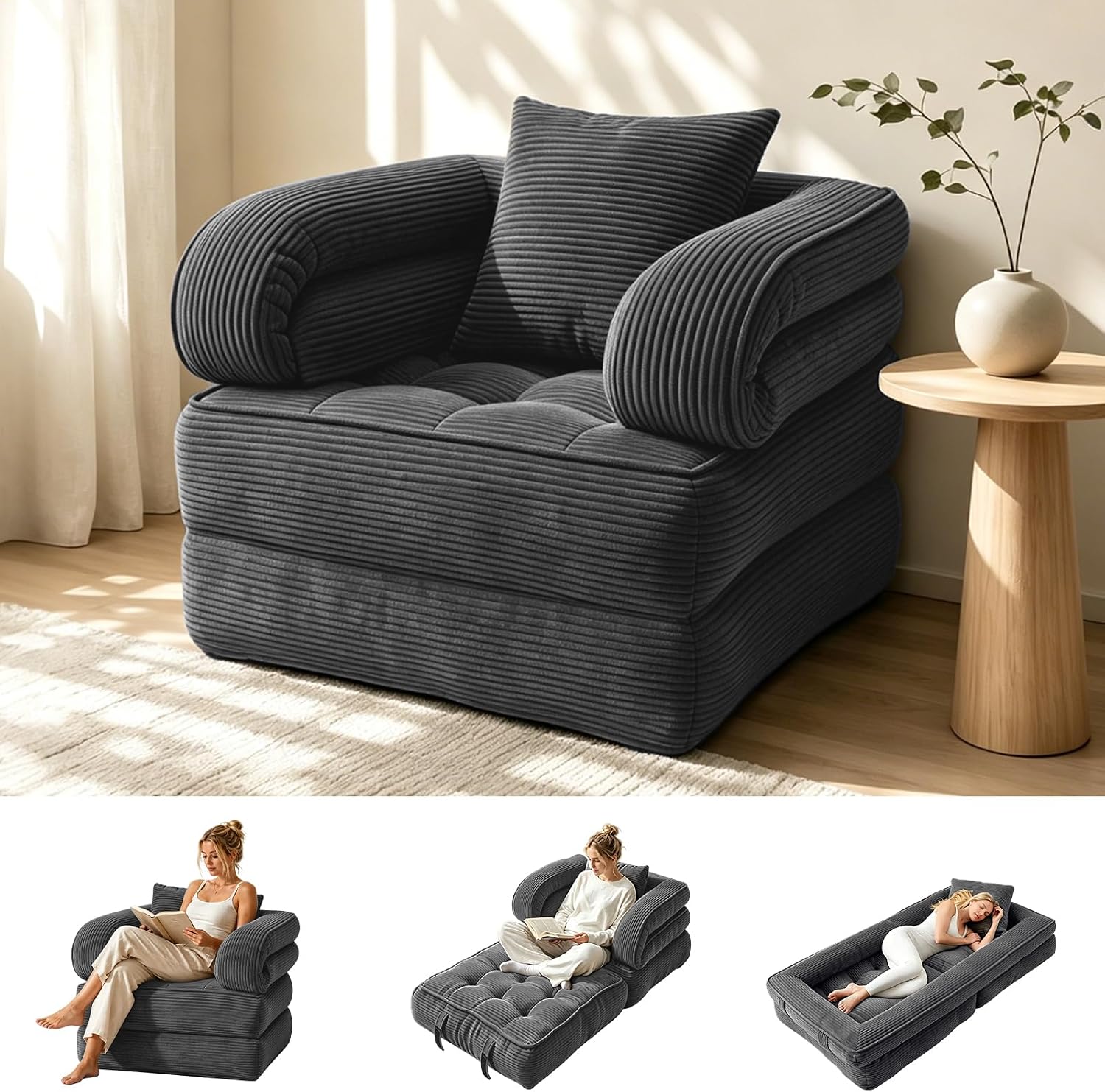 Folding Sofa Bed, Convertible Sleeper Chair with Armrests for Adults, Foldable Corduroy Boneless Bed, 3-in-1 Portable Futon Couch Floor Sofa with Pillow for Bedroom, Living Room, Dark Green