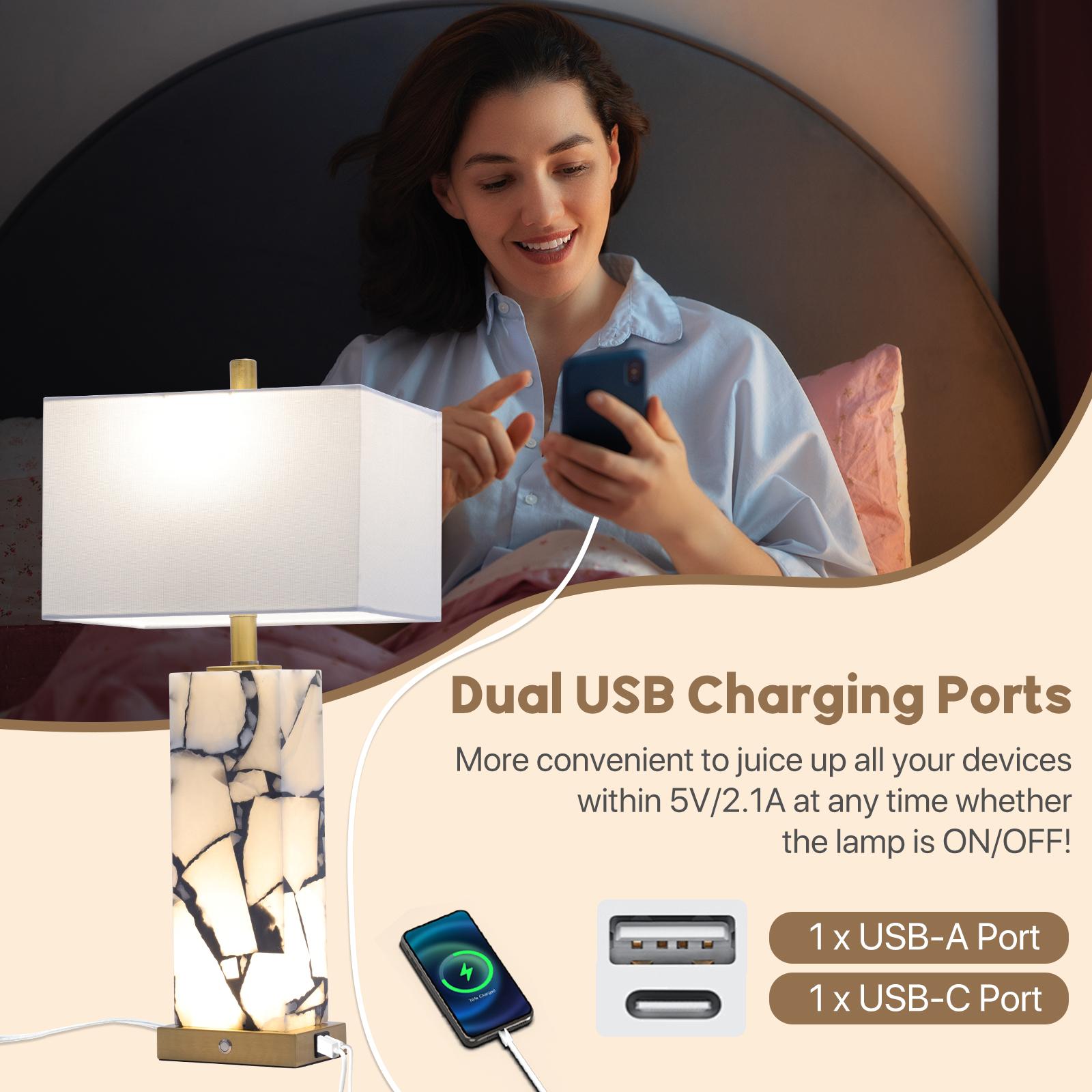 DEMILARE 2-Piece Natural Marble Alabaster LED Table Lamp Sets - 3-Color Temperature, Nightlight Mode, Fastcharging USB Ports, AC Power Supply, Adjustable Modern Artistic Novelty Led Light for Home Bedroom House Decor,BackToSchool