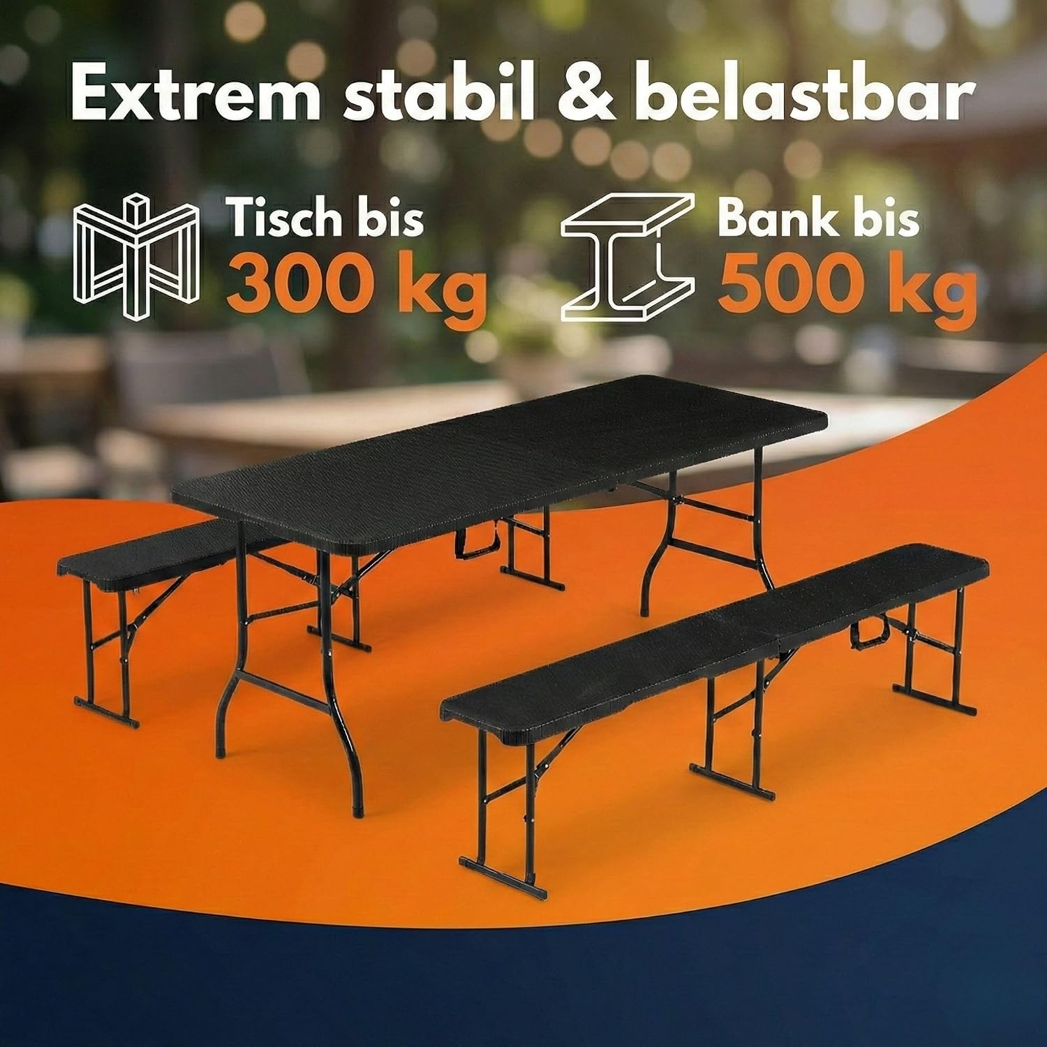  Bierzeltgarnitur 3-teilig klappbar | Stabiler Klapptisch 300 kg & 2 Bierbank 500 kg | Biertischgarnitur für 10 Personen | Camping Tisch Outdoor | Biertisch 182 cm | Garten Möbel Set