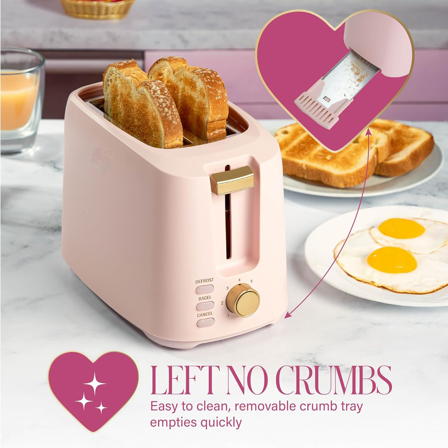 Paris Hilton 2-Slice Toaster, Extra-Wide Slots, 7 Browning Settings, Bagel & Defrost Functions, Removable Crumb Tray, Pink